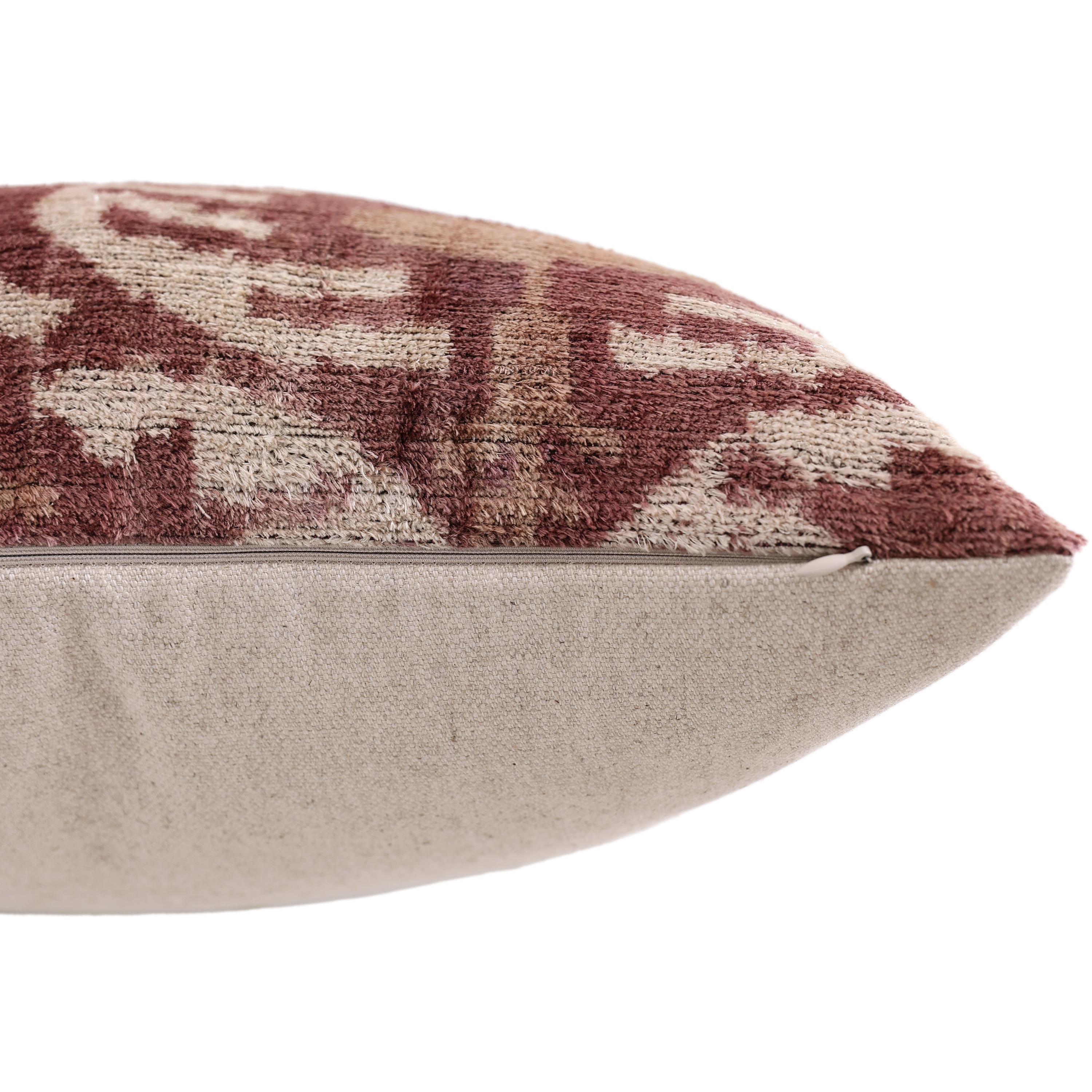 Luxury Handwoven Silk Velvet Throw Pillow 20x20 Inch Burgundy Ikat Pattern