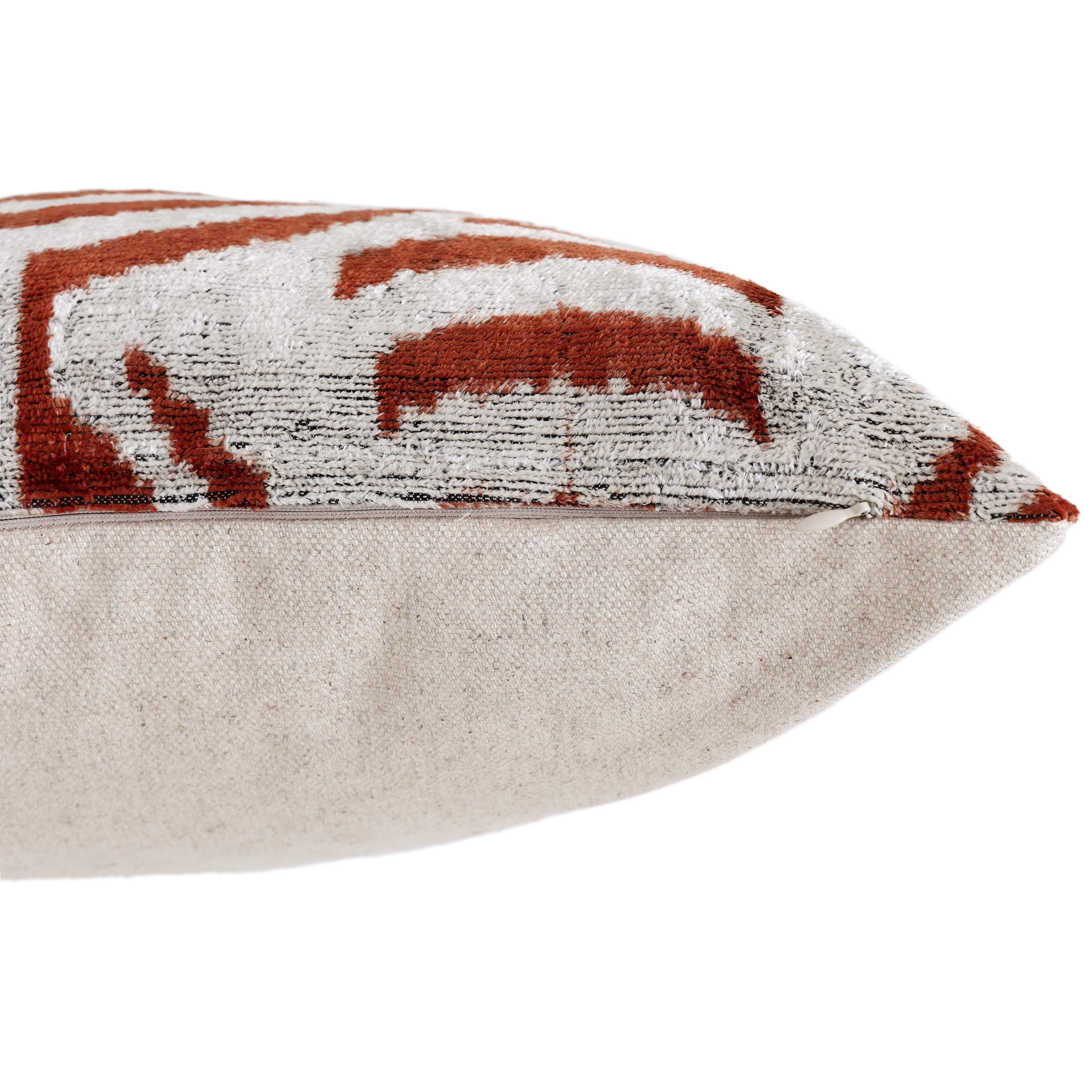 Luxury Handwoven Silk Velvet Ikat Pillow 20x20 Inch – Rust & Ivory