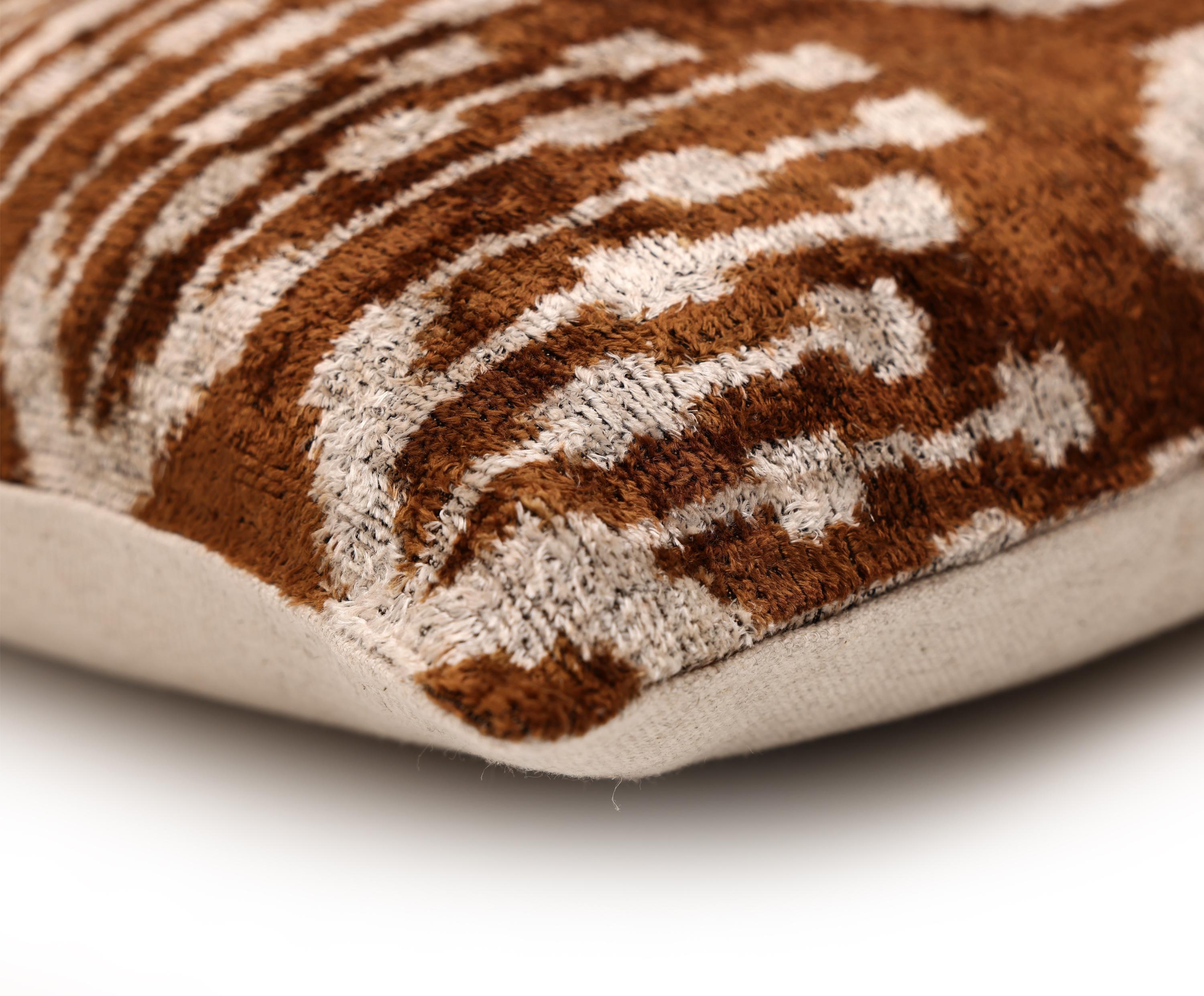 Luxury Handwoven Ikat Silk Velvet Pillow 20x20 Inch – Earthy Brown & Ivory