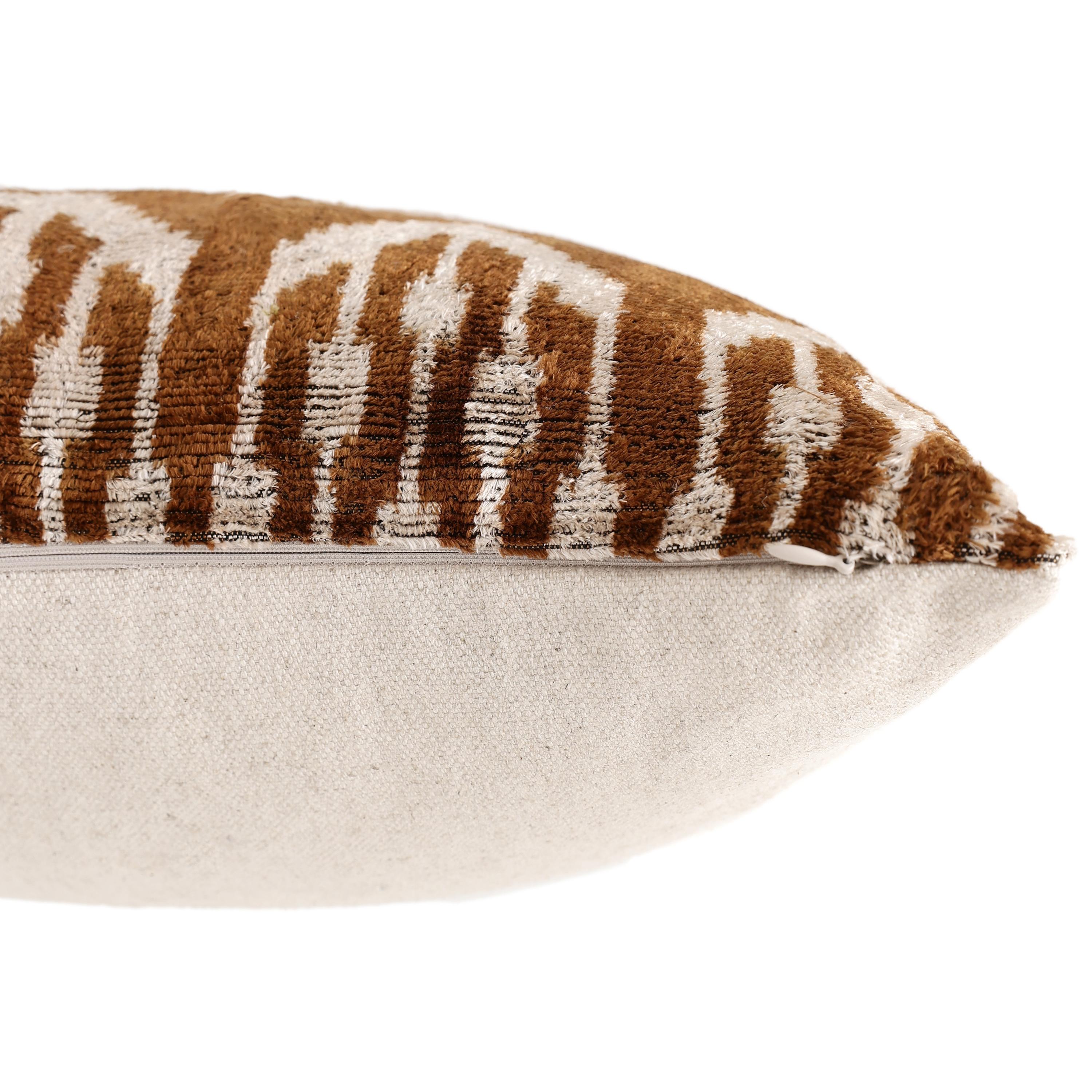 Luxury Handwoven Ikat Silk Velvet Pillow 20x20 Inch – Earthy Brown & Ivory