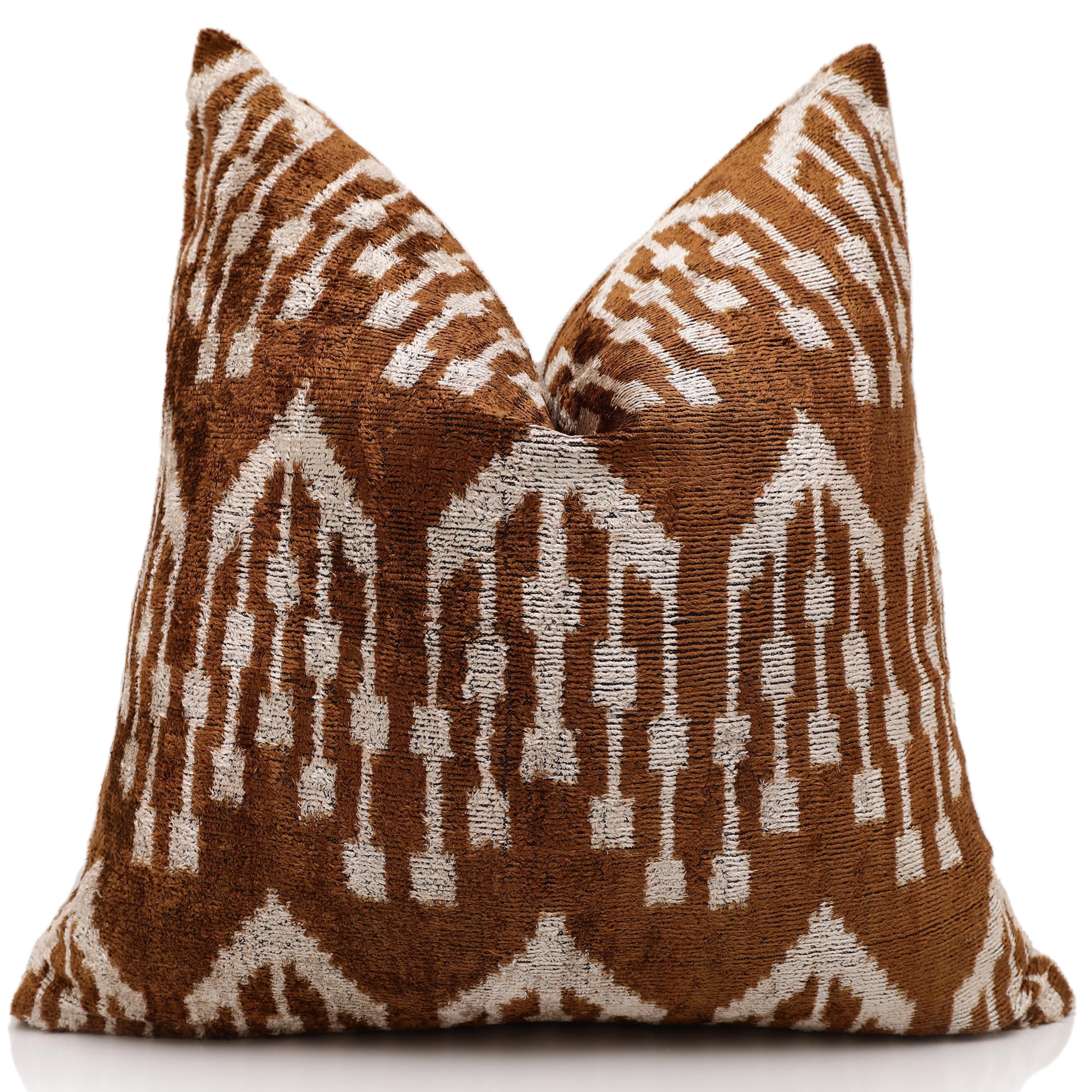Luxury Handwoven Ikat Silk Velvet Pillow 20x20 Inch – Earthy Brown & Ivory
