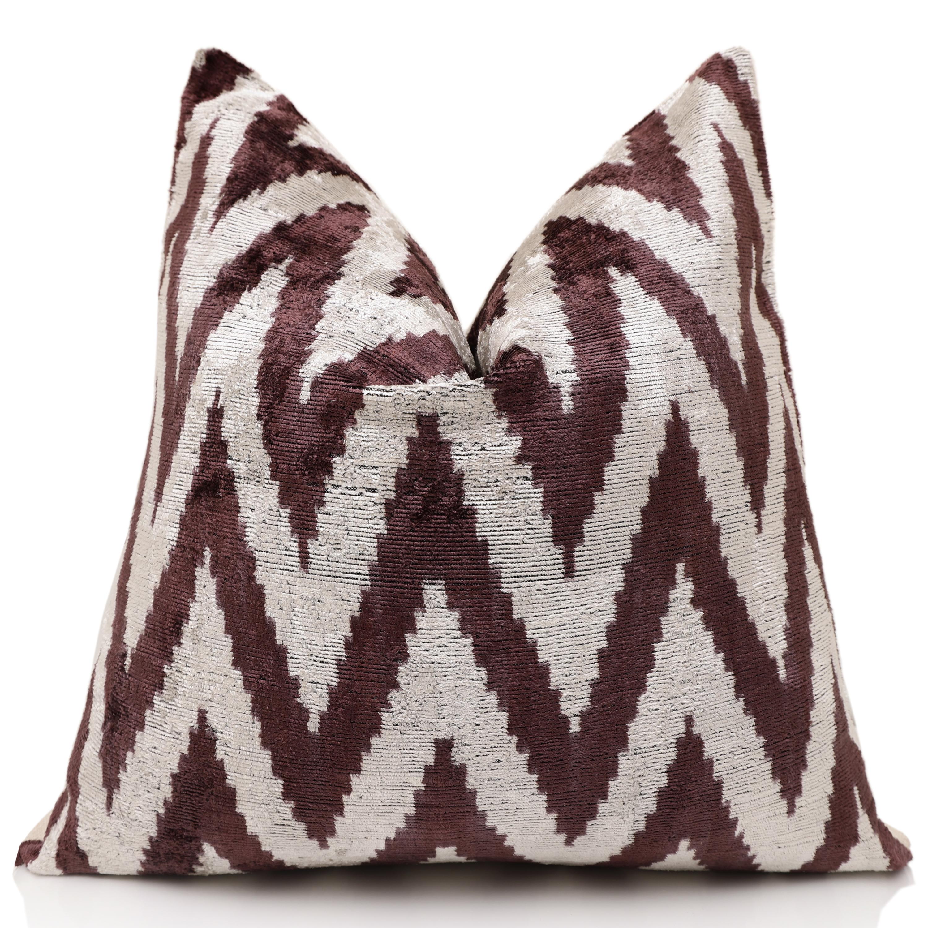 Deep Wine & Silver Chevron Velvet Pillow - 20" x 20"