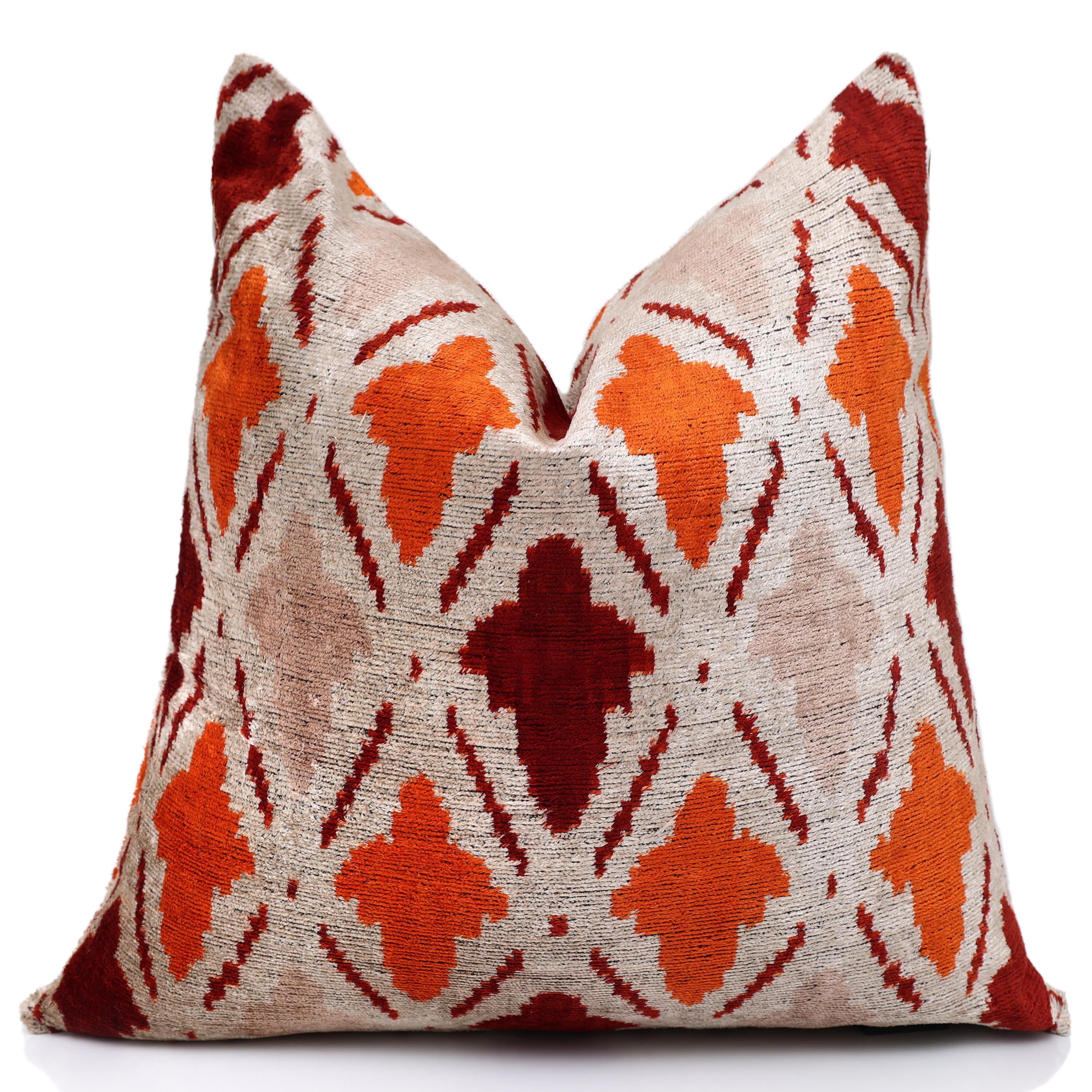 Handwoven Ikat Silk Velvet Throw Pillow 20x20 – Terracotta Rust & Ivory
