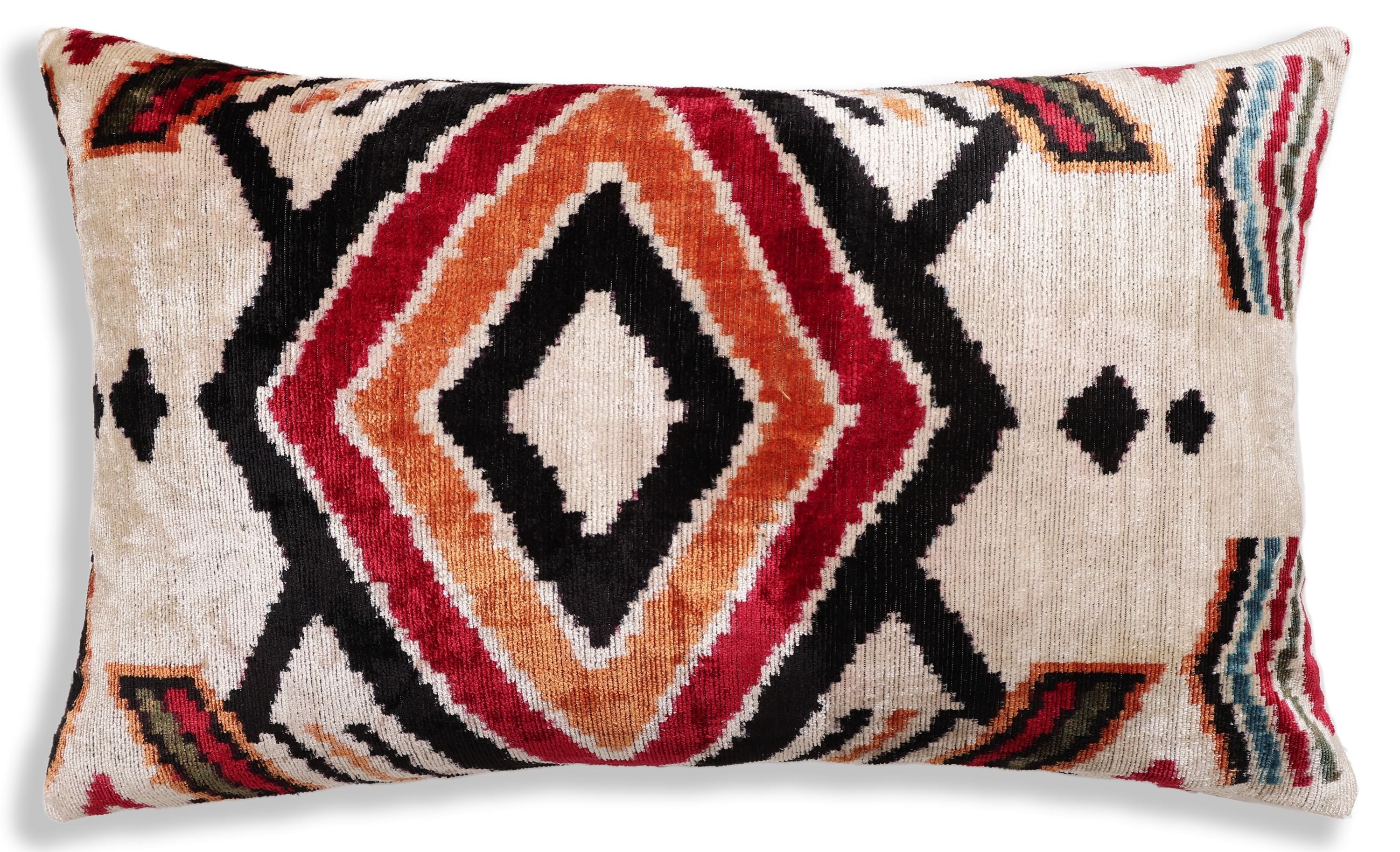 Hand-Knotted Tribal Geometric Silk Velvet Lumbar - 16x24 Red & Black