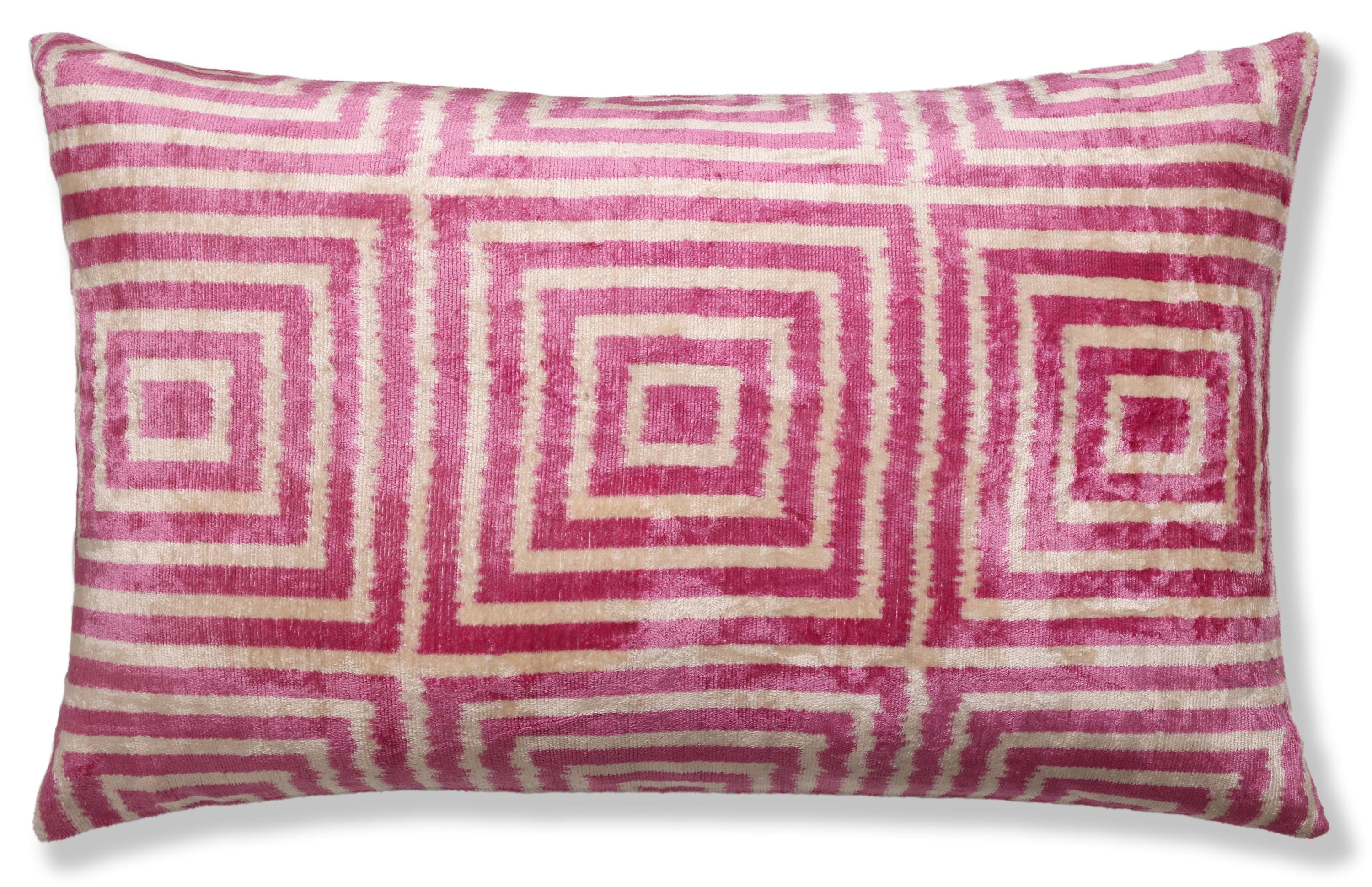 Luxury Blush Pink and Cream Silk Velvet Geometric Ikat Lumbar Pillow 16x24 Inch with Down Insert