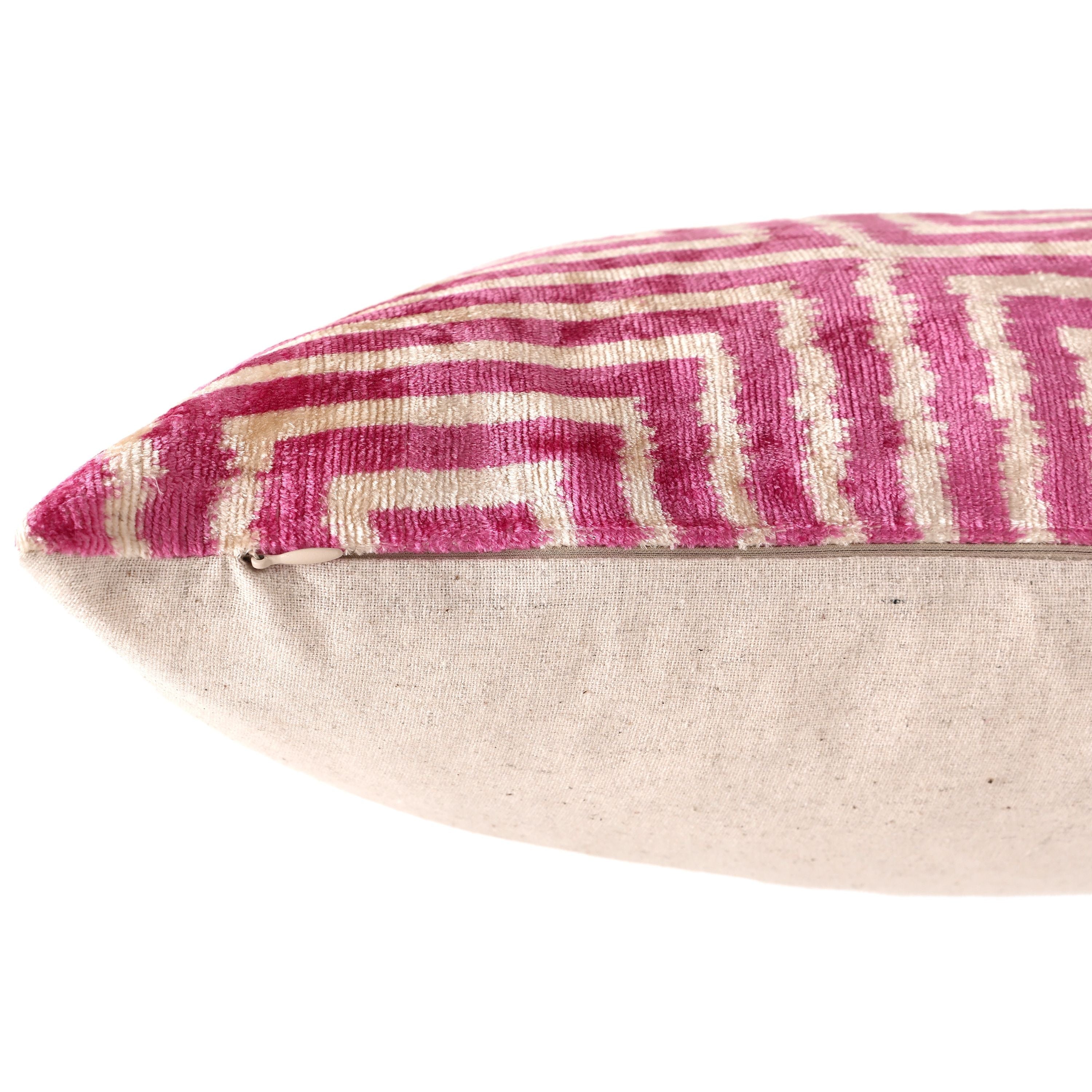 Luxury Blush Pink and Cream Silk Velvet Geometric Ikat Lumbar Pillow 16x24 Inch with Down Insert