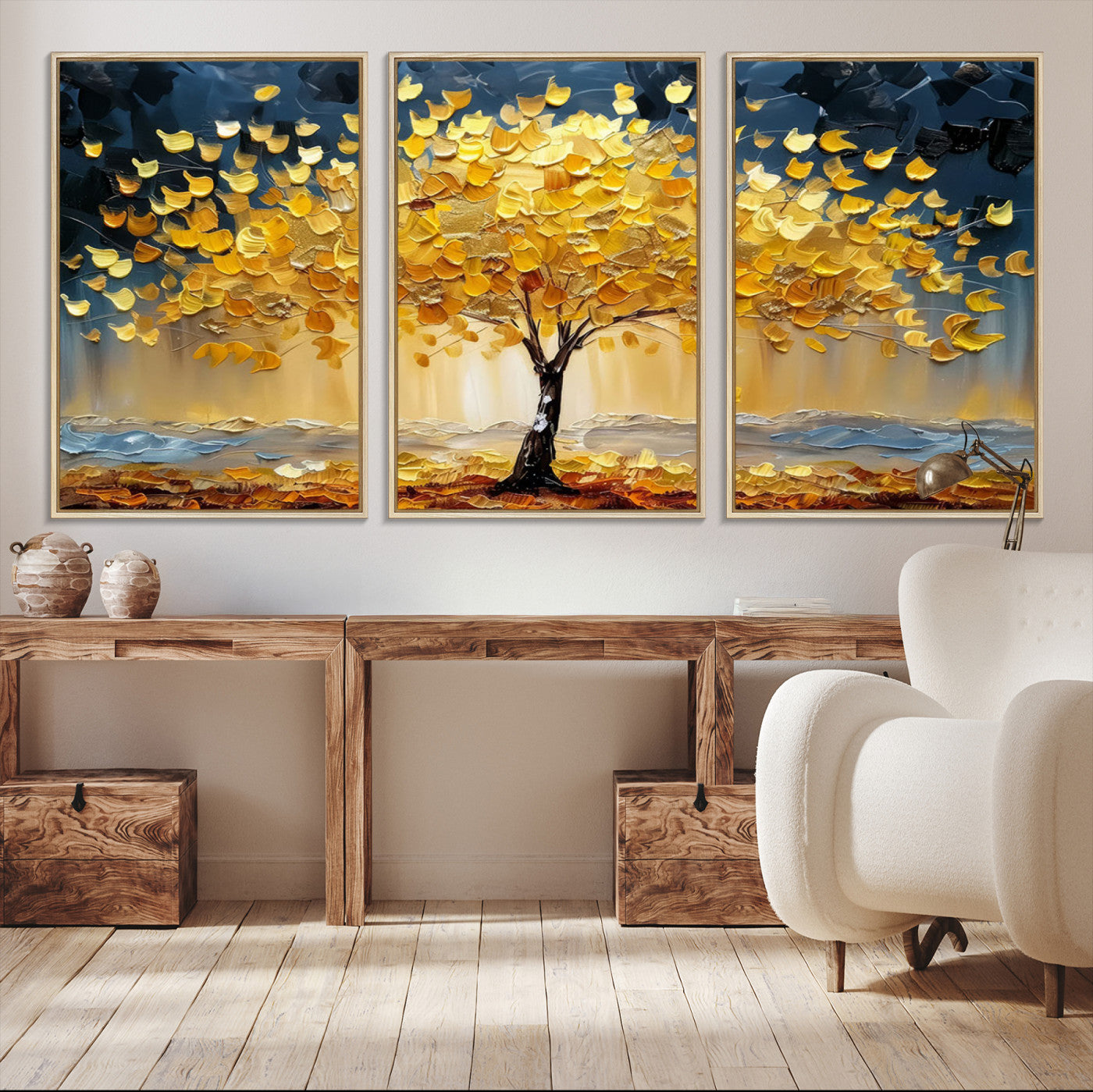Golden Tree Wall Art – Framed Autumn Leaves Canvas Artwork,