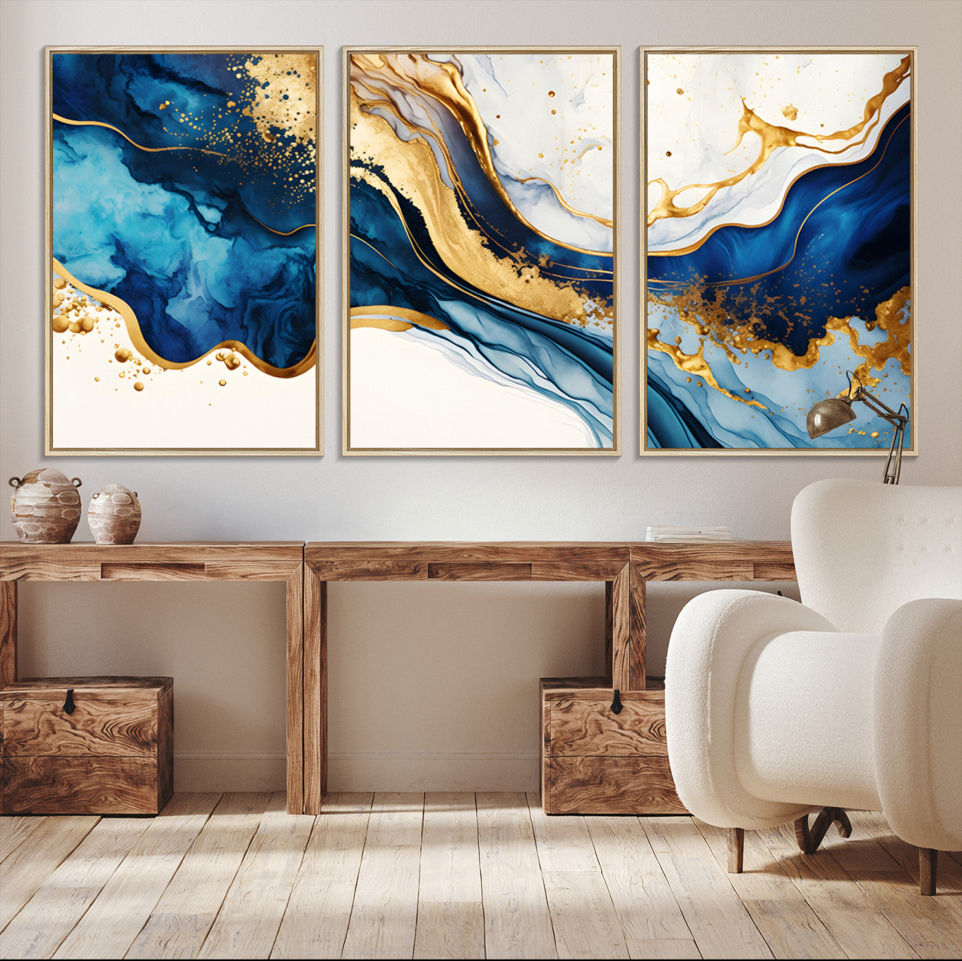 Blue Gold Flow Wall Art Canvas Print – Framed Marble Design