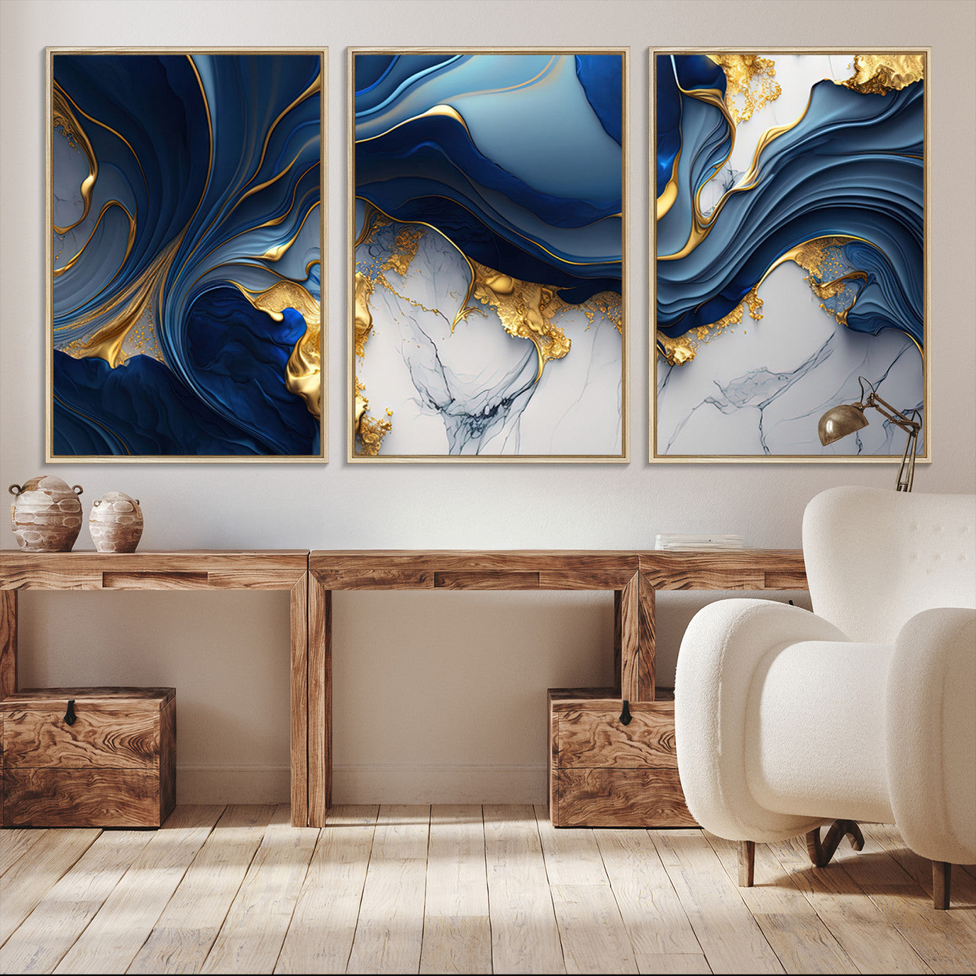 Blue Marble Wall Art Canvas Print – Framed Gold Veins