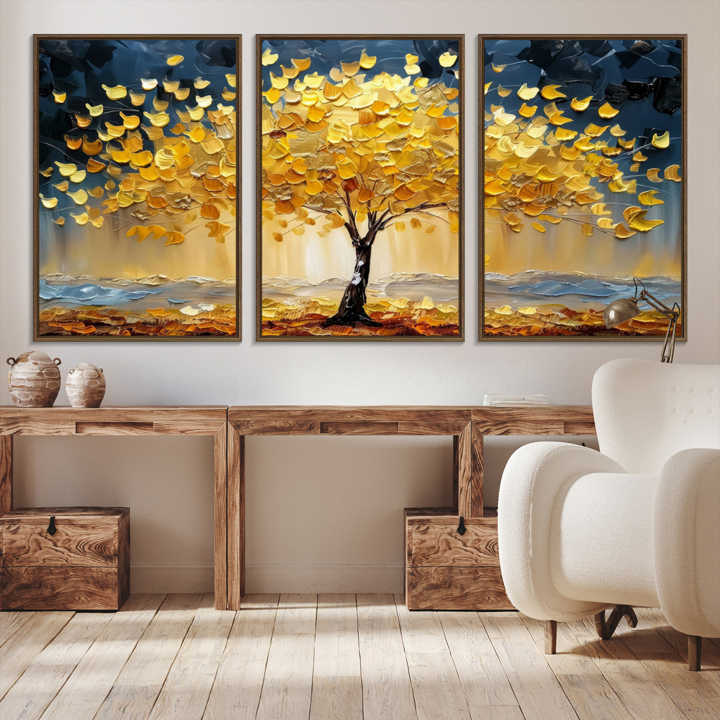 Golden Tree Wall Art – Framed Autumn Leaves Canvas Artwork,
