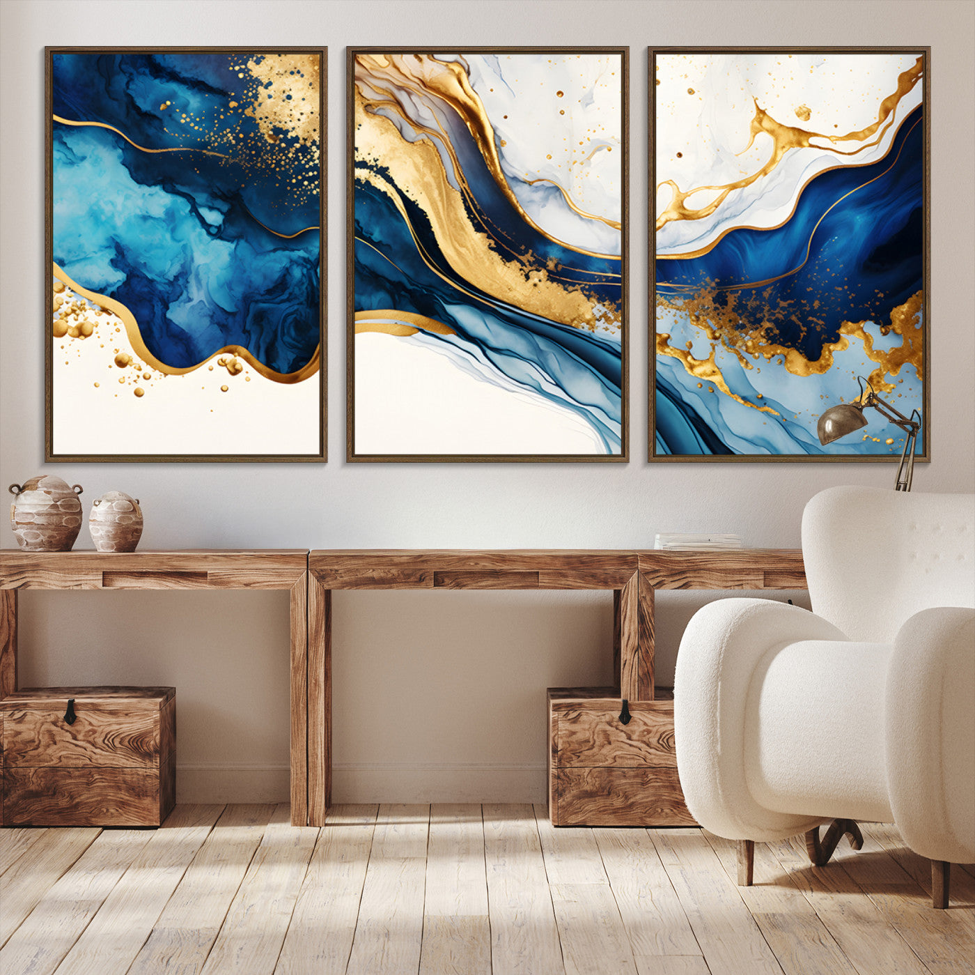 Blue Gold Flow Wall Art Canvas Print – Framed Marble Design