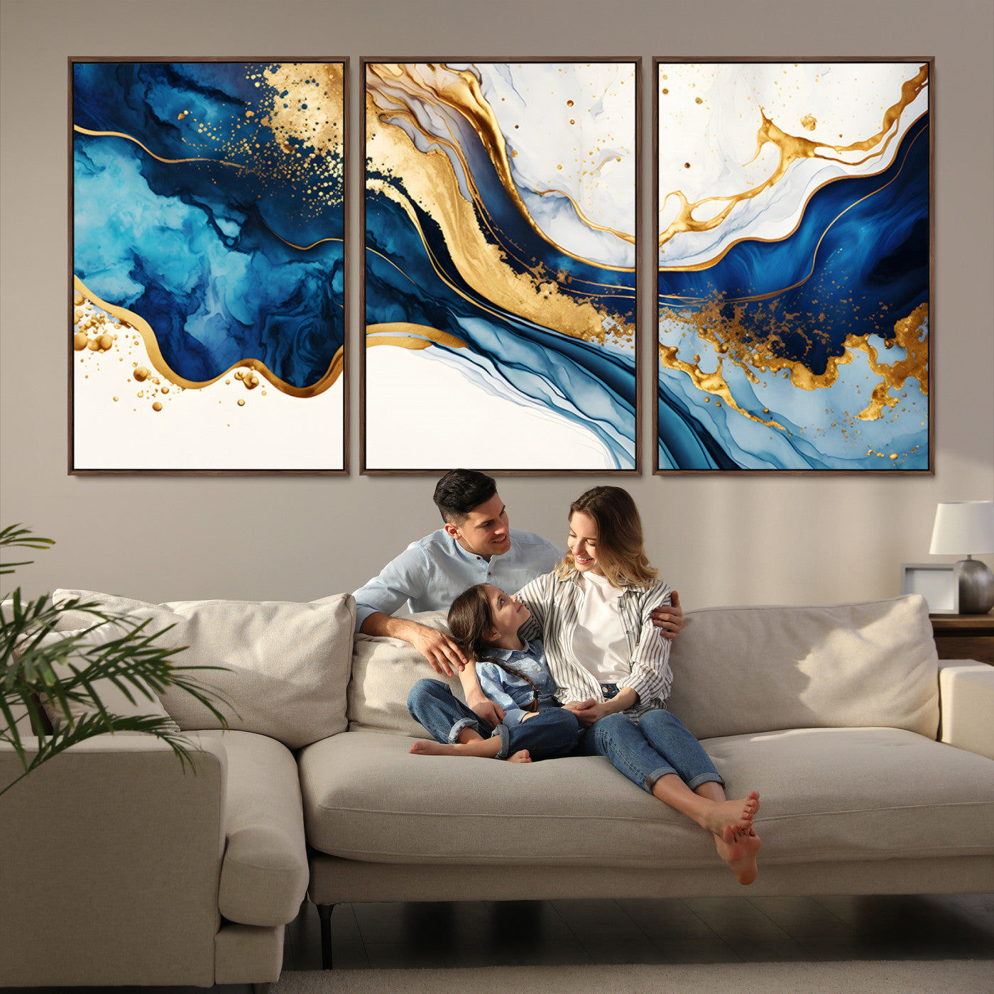 Blue Gold Flow Wall Art Canvas Print – Framed Marble Design