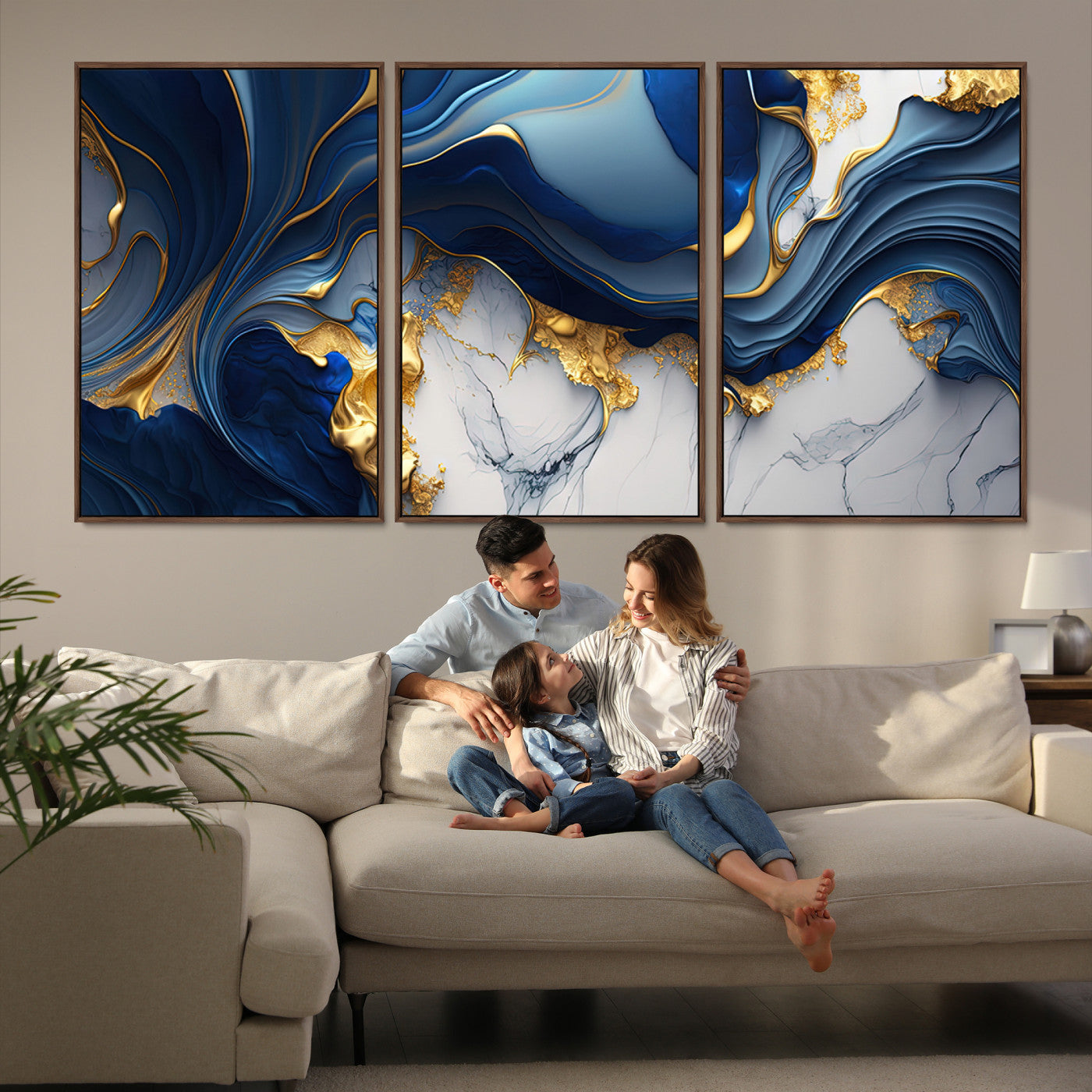 Blue Marble Wall Art Canvas Print – Framed Gold Veins