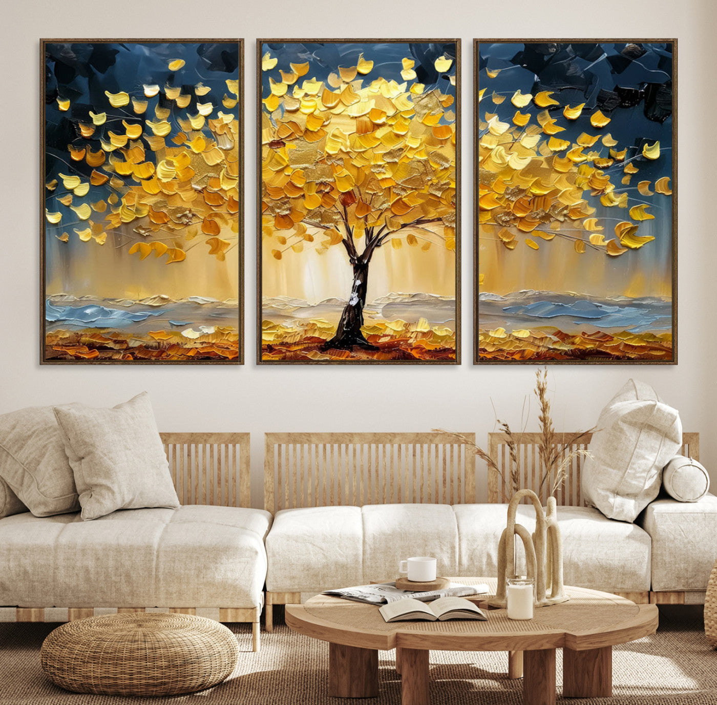 Golden Tree Wall Art – Framed Autumn Leaves Canvas Artwork,