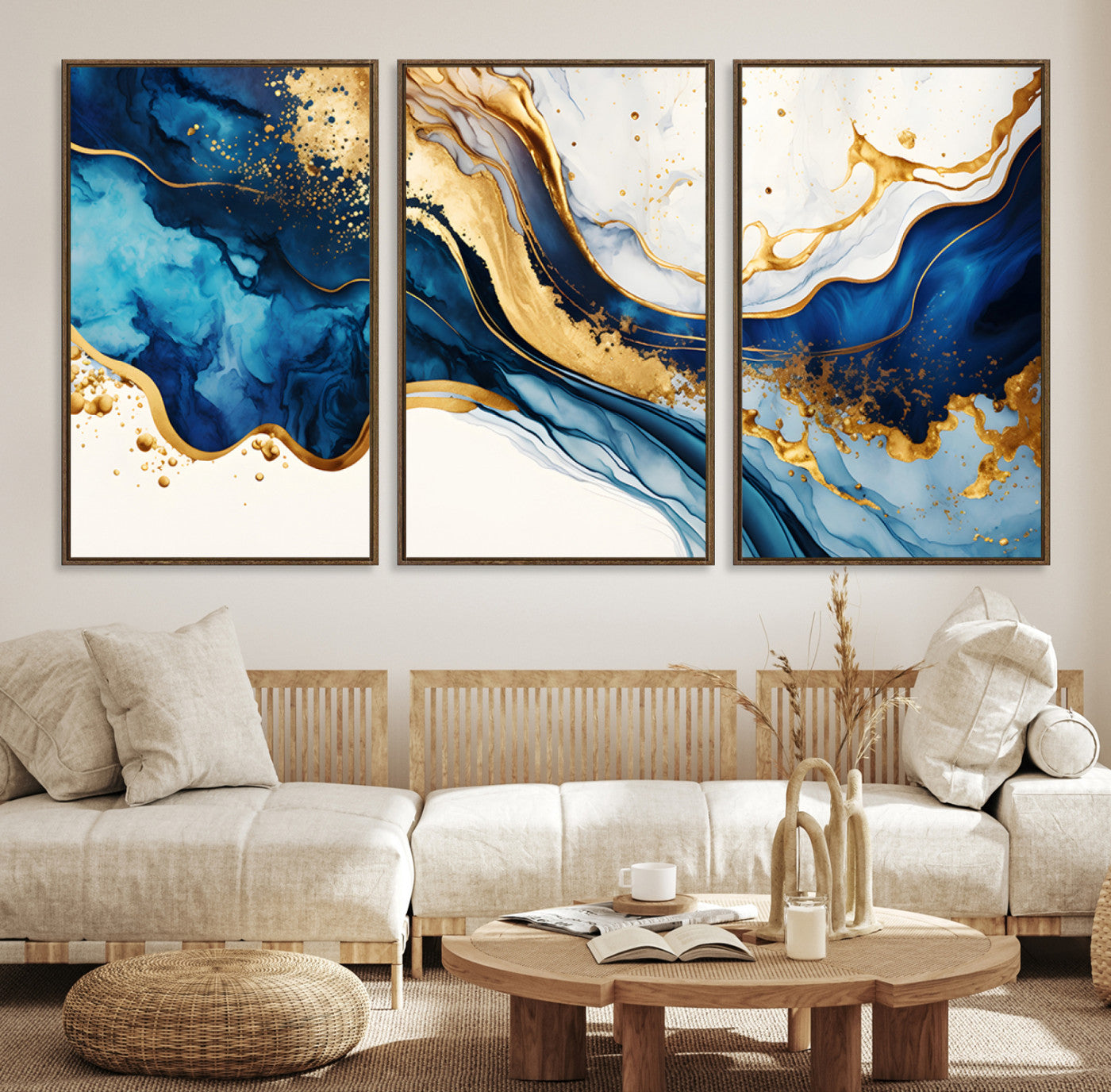 Blue Gold Flow Wall Art Canvas Print – Framed Marble Design