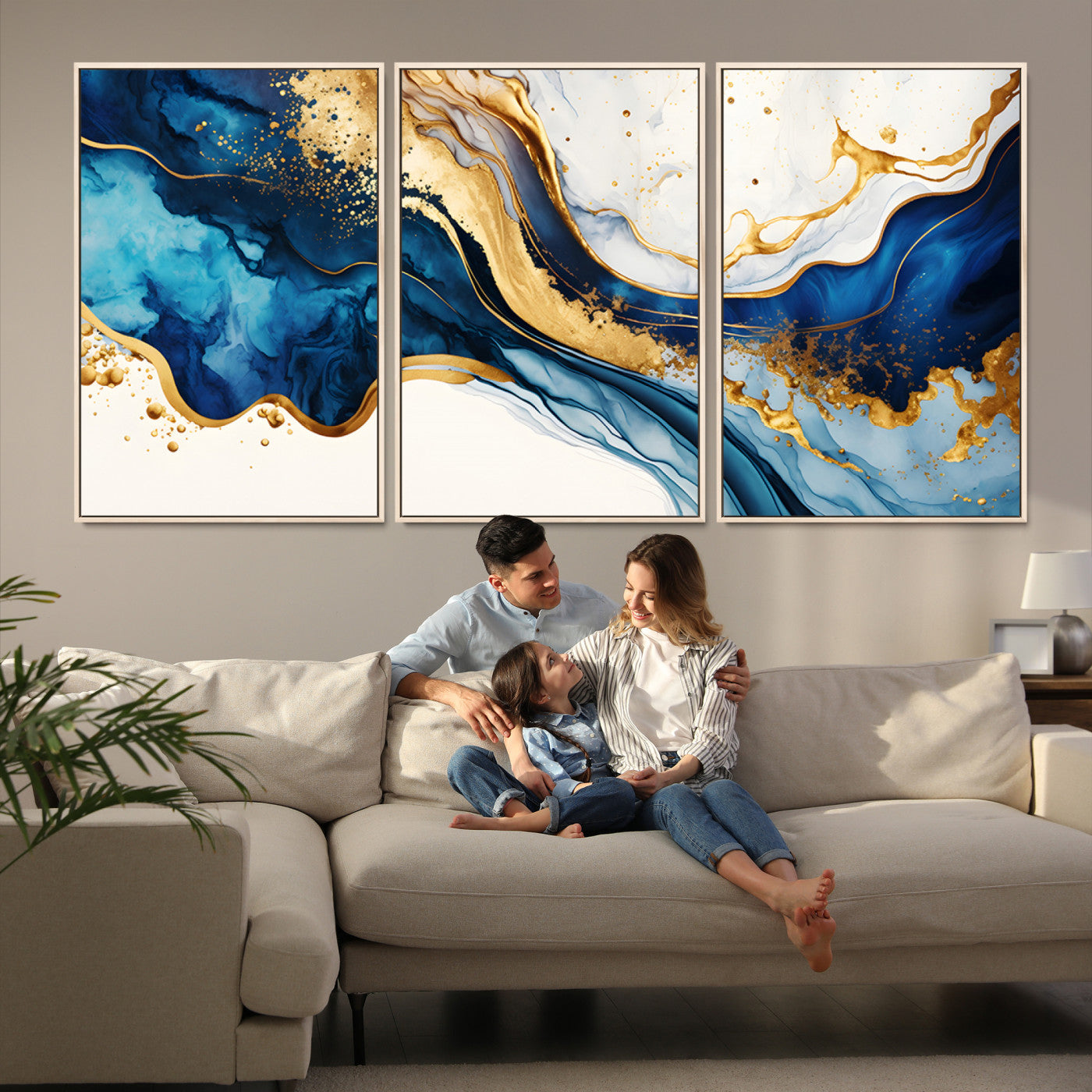 Blue Gold Flow Wall Art Canvas Print – Framed Marble Design