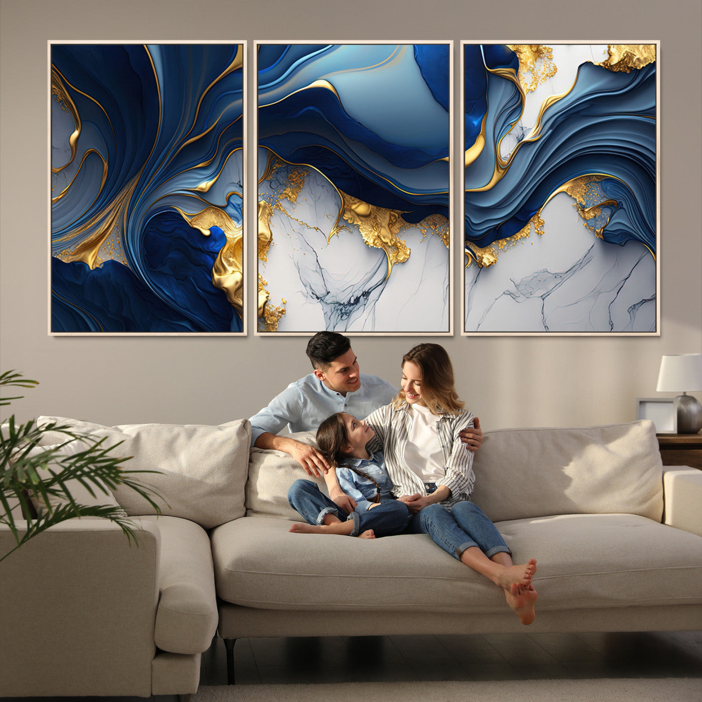 Blue Marble Wall Art Canvas Print – Framed Gold Veins
