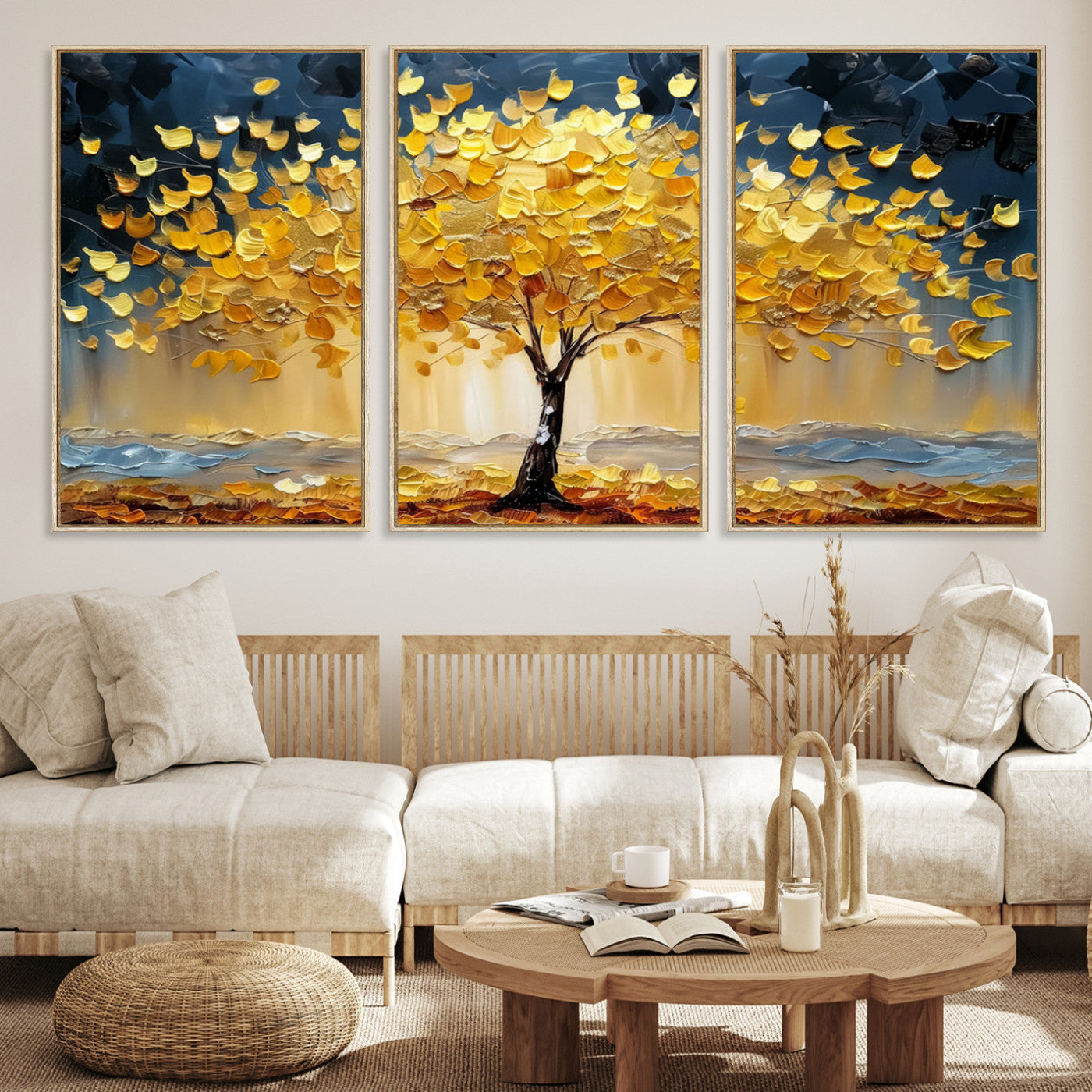 Golden Tree Wall Art – Framed Autumn Leaves Canvas Artwork,