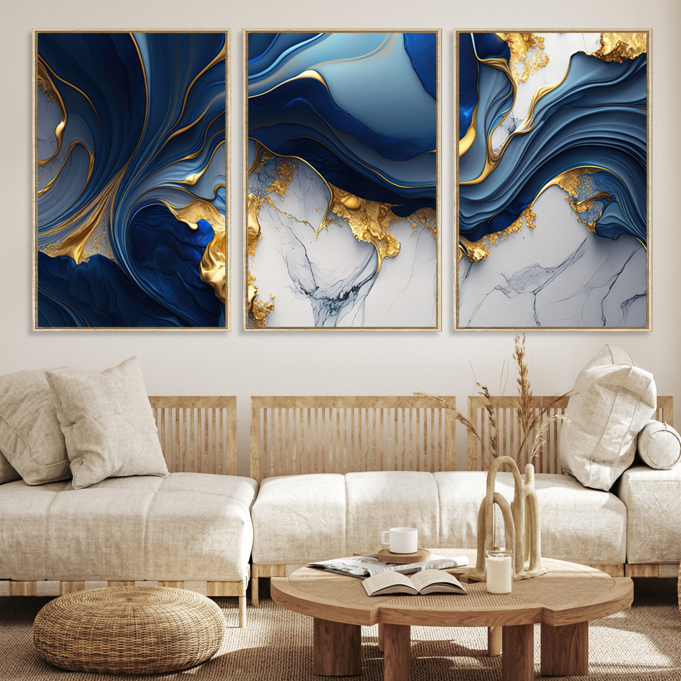 Blue Marble Wall Art Canvas Print – Framed Gold Veins