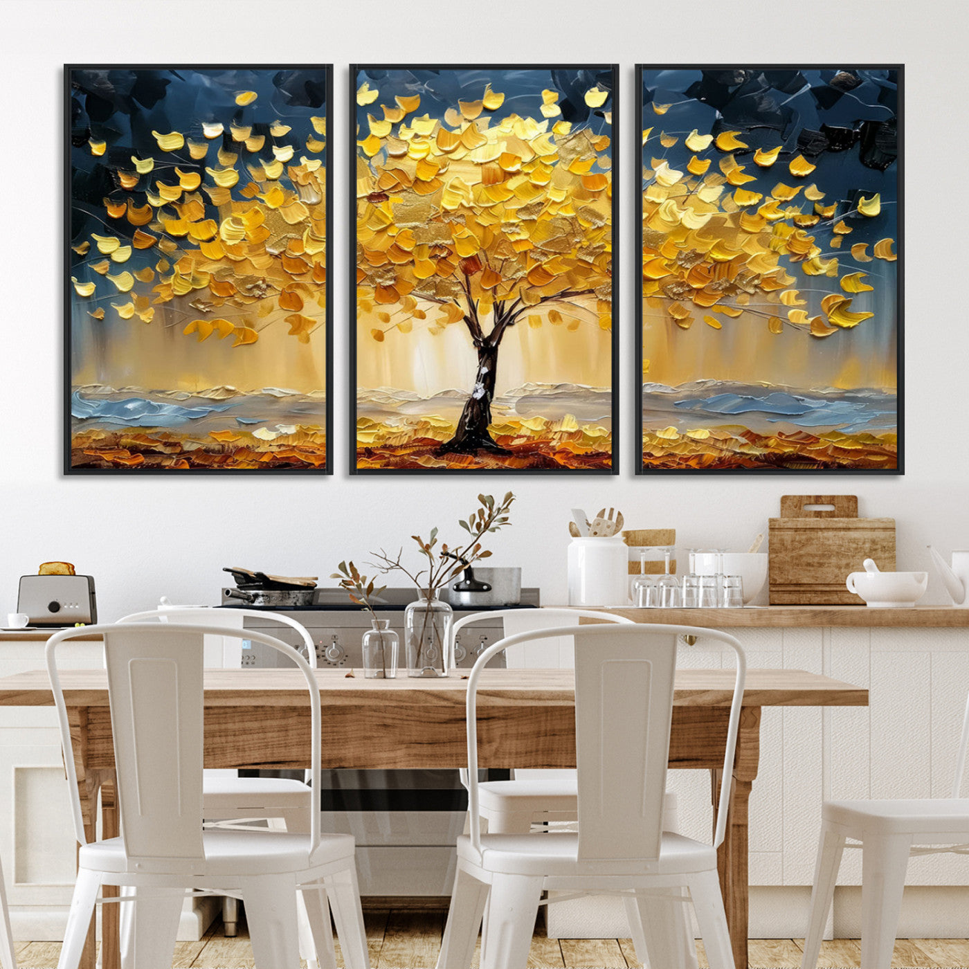 Golden Tree Wall Art – Framed Autumn Leaves Canvas Artwork,