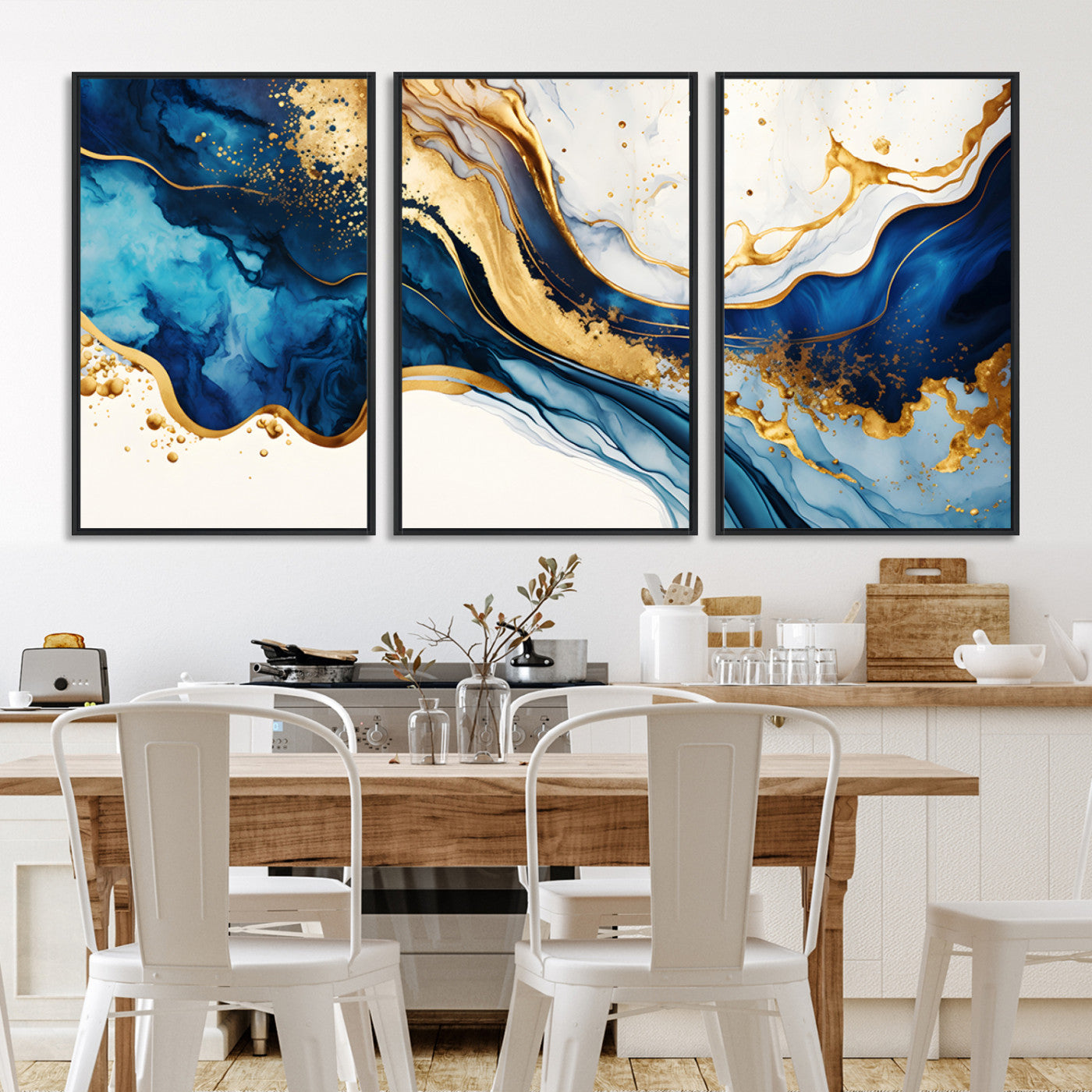 Blue Gold Flow Wall Art Canvas Print – Framed Marble Design