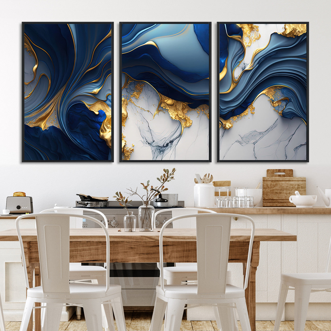 Blue Marble Wall Art Canvas Print – Framed Gold Veins