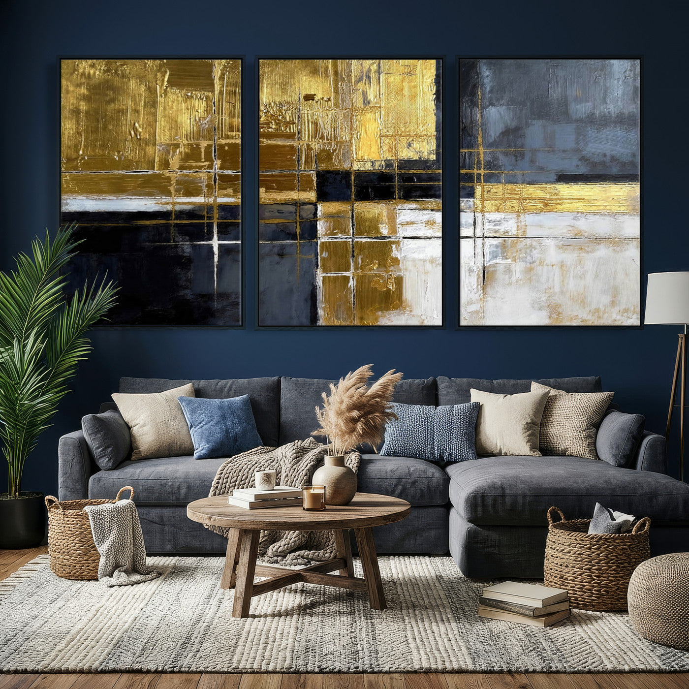 Gold Navy Abstract Wall Art Canvas Print, Modern Luxury