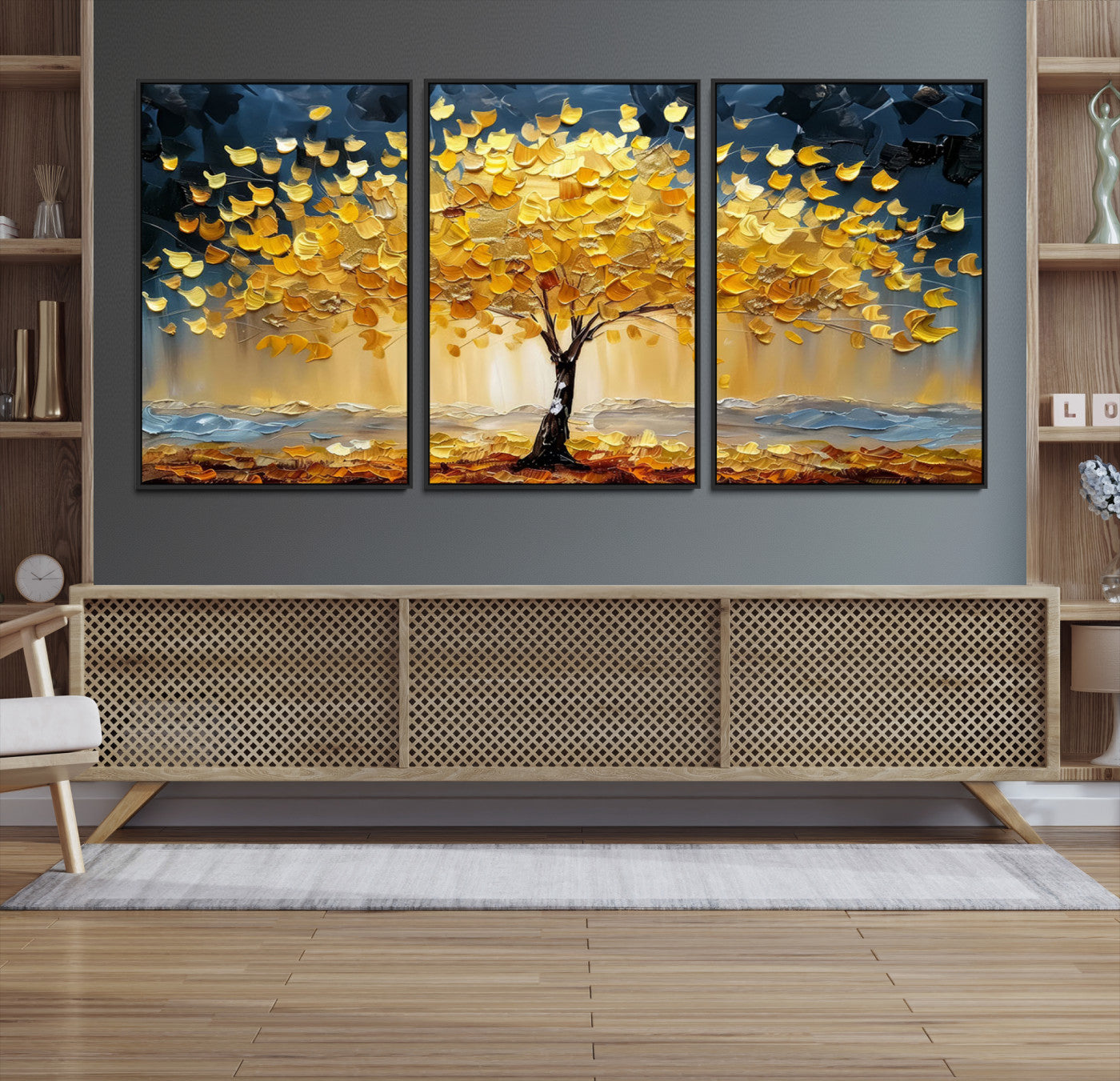 Golden Tree Wall Art – Framed Autumn Leaves Canvas Artwork,