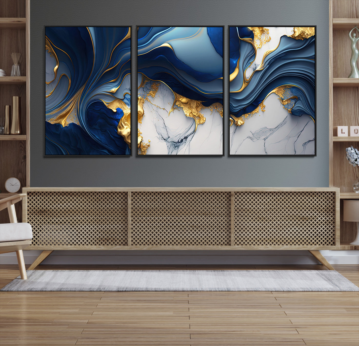 Blue Marble Wall Art Canvas Print – Framed Gold Veins