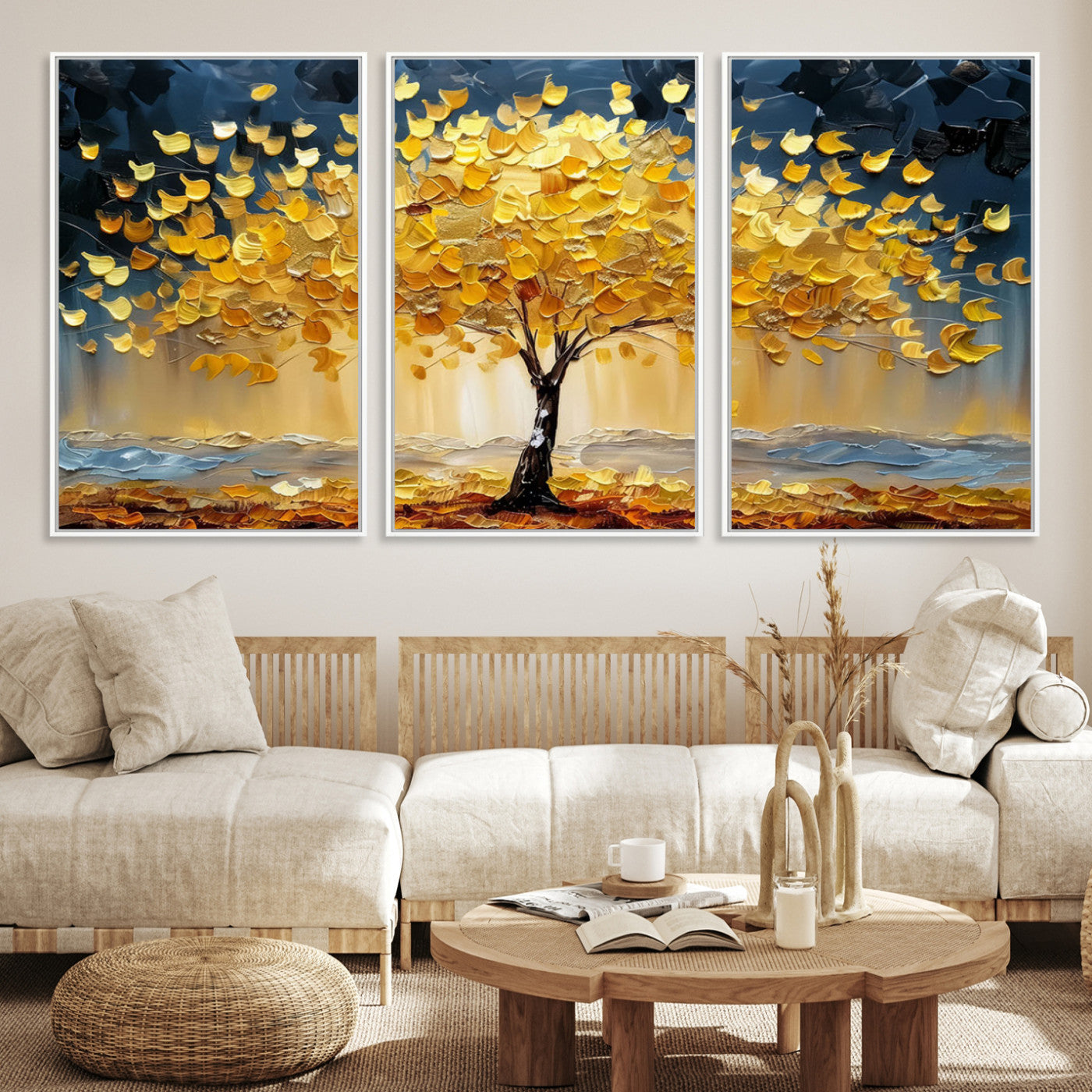 Golden Tree Wall Art – Framed Autumn Leaves Canvas Artwork,