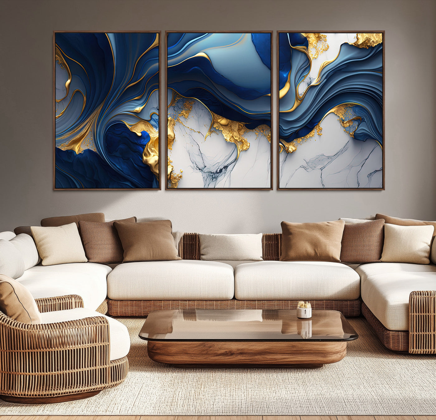 Blue Marble Wall Art Canvas Print – Framed Gold Veins