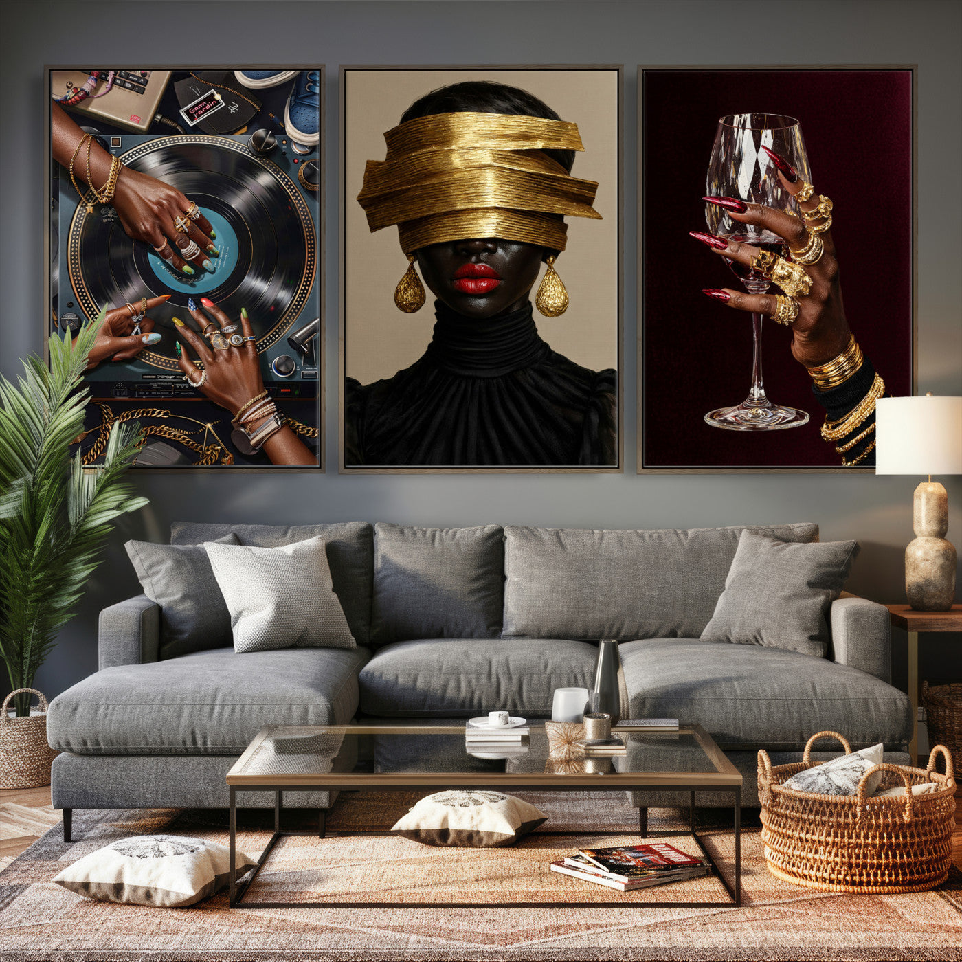 Luxury Fashion Wall Art Canvas Print Set of 3, Gold Jewelry