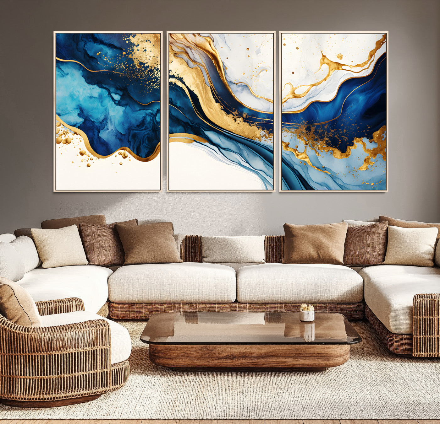 Blue Gold Flow Wall Art Canvas Print – Framed Marble Design
