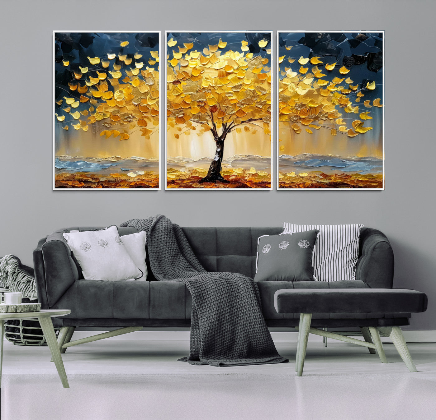 Golden Tree Wall Art – Framed Autumn Leaves Canvas Artwork,