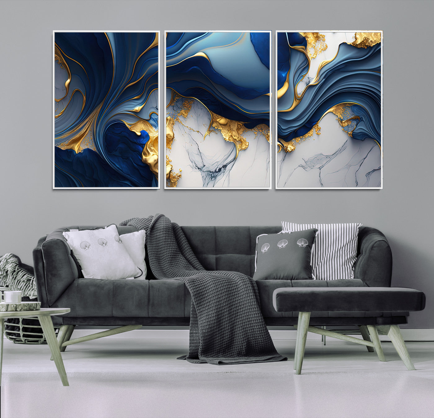 Blue Marble Wall Art Canvas Print – Framed Gold Veins