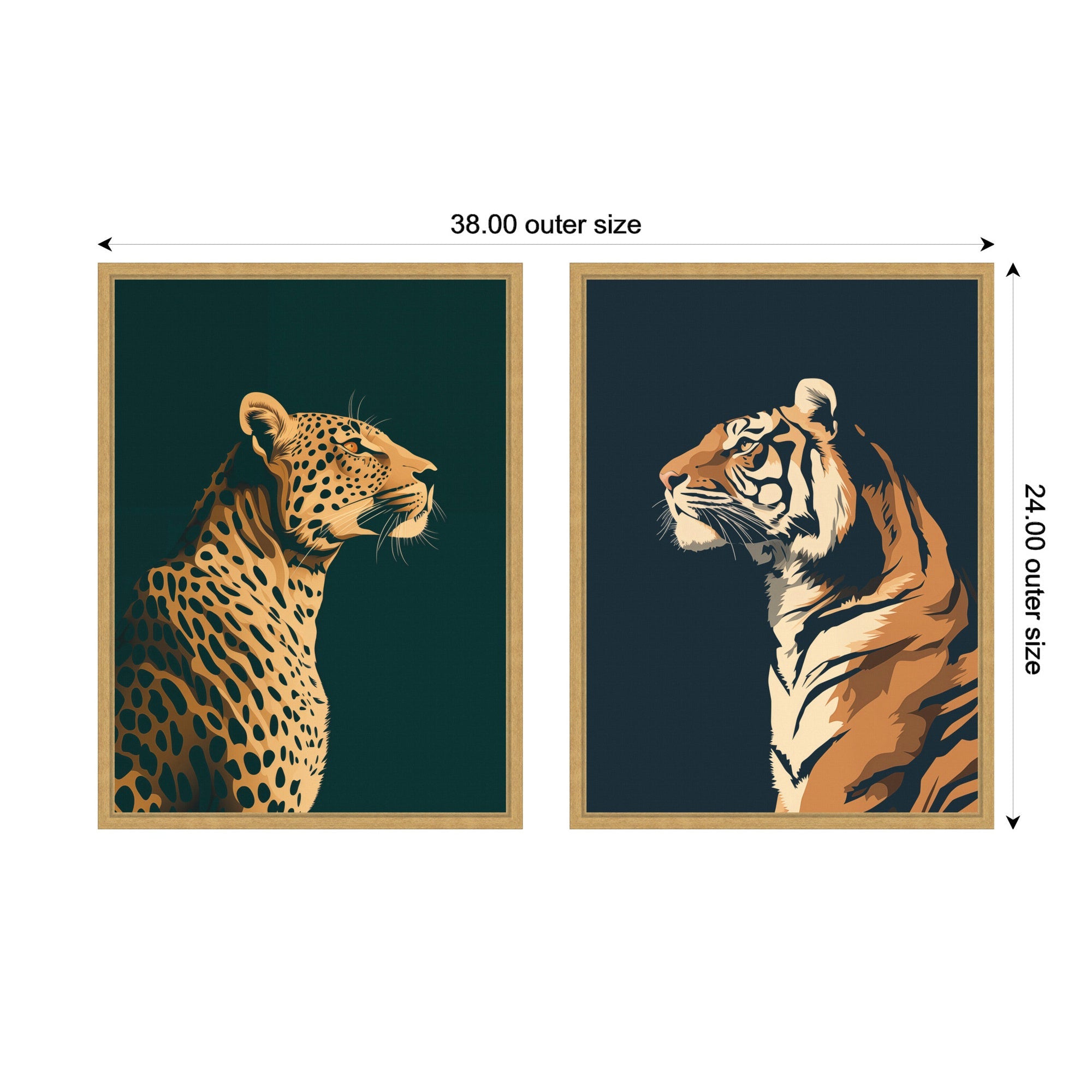 Gold Emerald Leopard Navy Tiger 2 Piece Framed Canvas Wall Art Set by The Creative Bunch Studio
