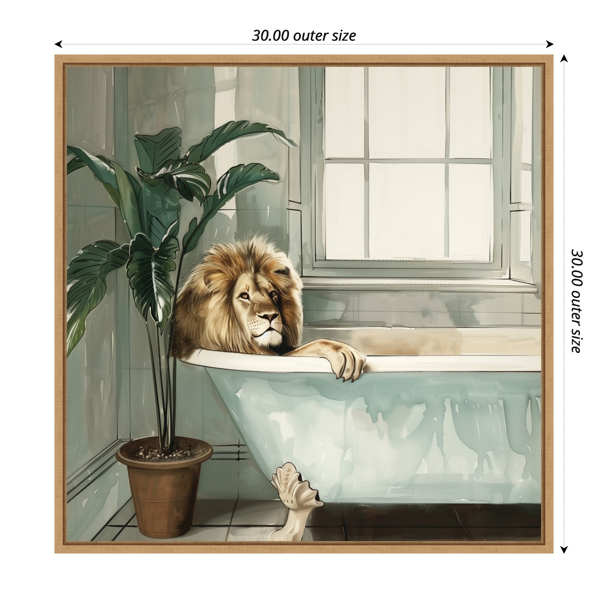 Sylvie Lion Relaxing in Tub Zen Bathroom Framed Canvas by The Creative Bunch Studio