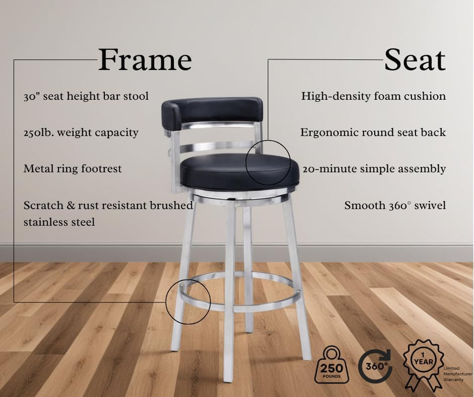 Modern Black Faux Leather Swivel Bar Stool for Kitchen