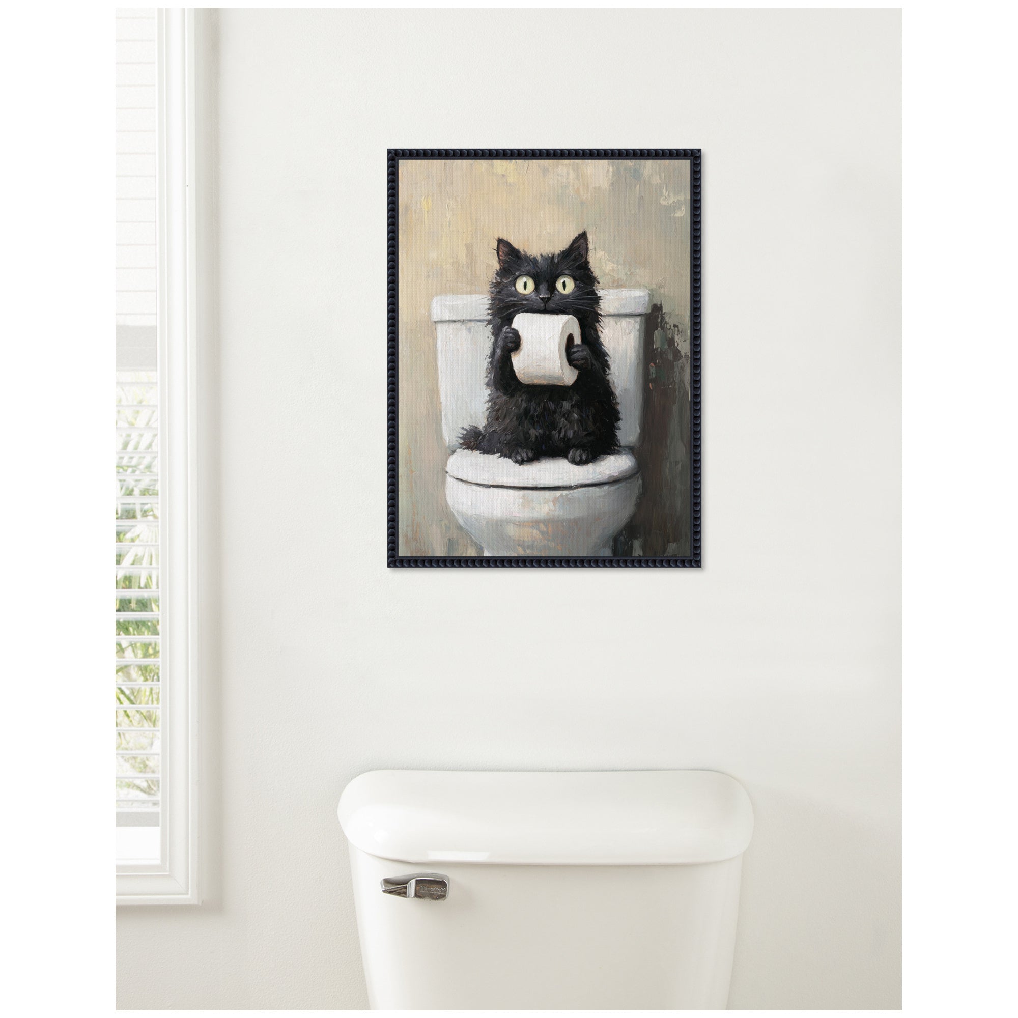 Sylvie Funny Black Cat Toilet Paper Roll Toilet Bathroom Art Framed Canvas by The Creative Bunch Studio