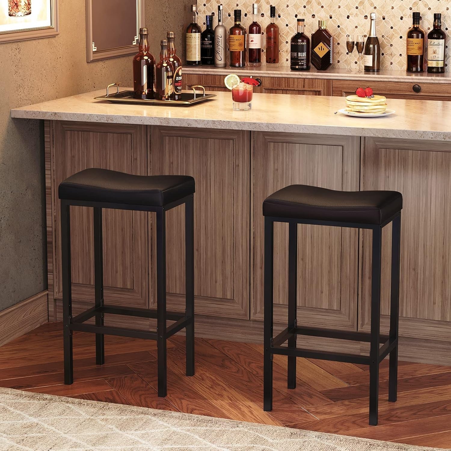 Counter Height Bar Stools Set Of 2 Saddle Seat Black