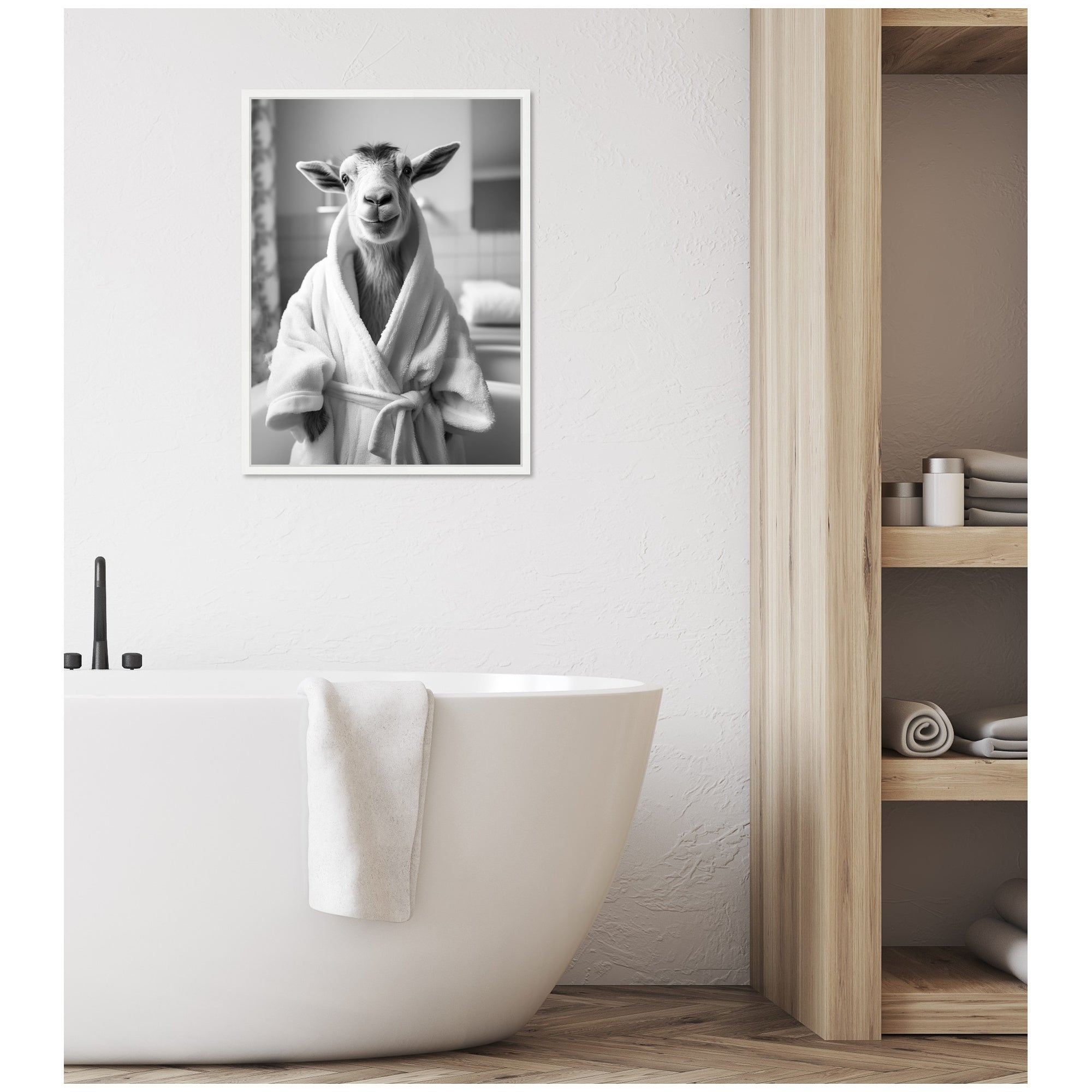 Sylvie Goat Bathroom Art Towel Robe Black and White Framed Canvas by The Creative Bunch Studio