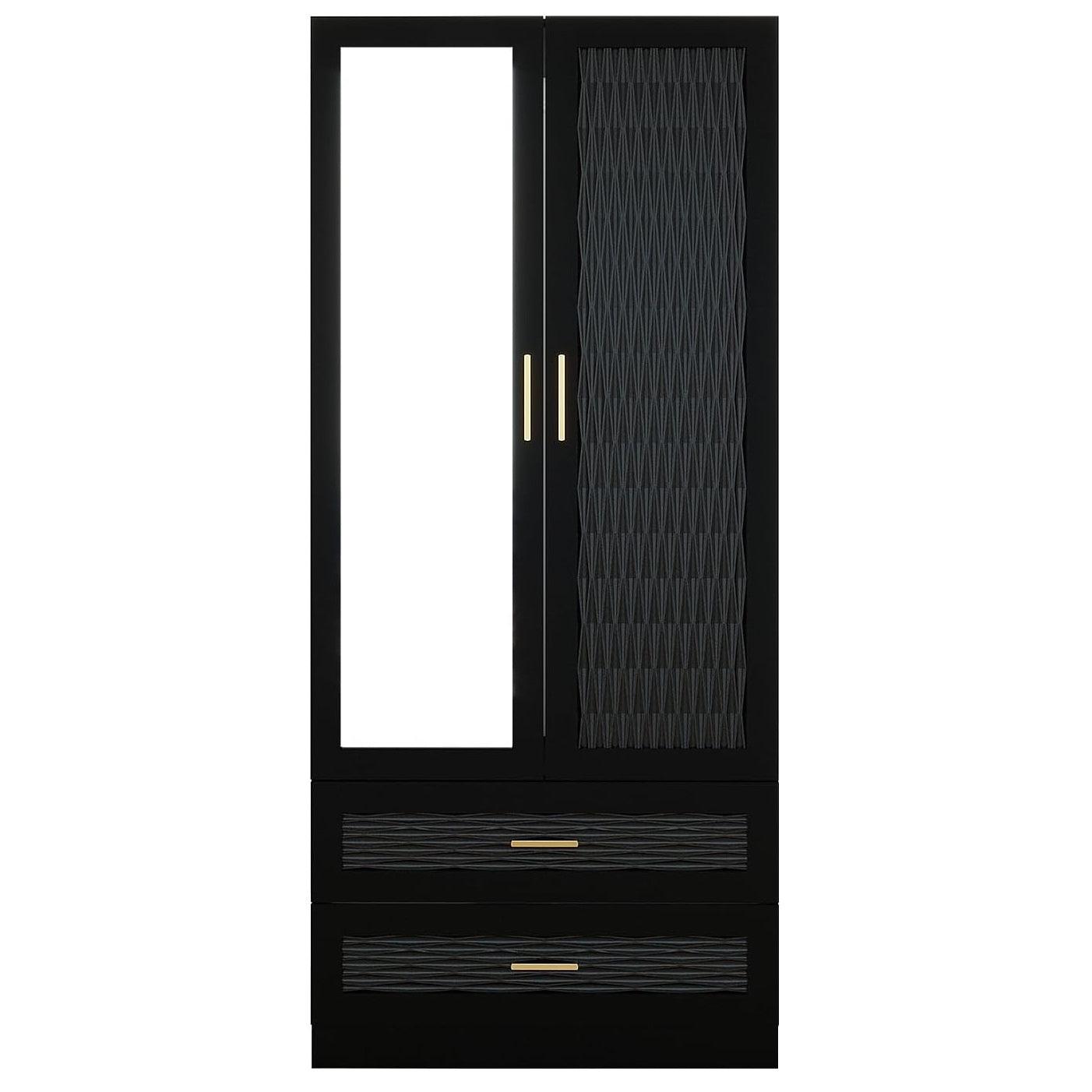 Modern Black Wooden Armoire Wardrobe with Mirror, 2 Doors, Drawers & Shelving | Large Capacity Closet for Bedroom - PRHOMZ