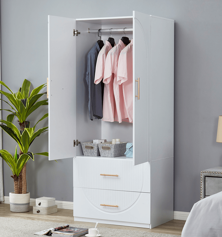 74.2" H White Modern Wooden Armoire Wardrobe – 2 Doors, 2 Drawers Freestanding Closet with Hanging Rod - PRHOMZ