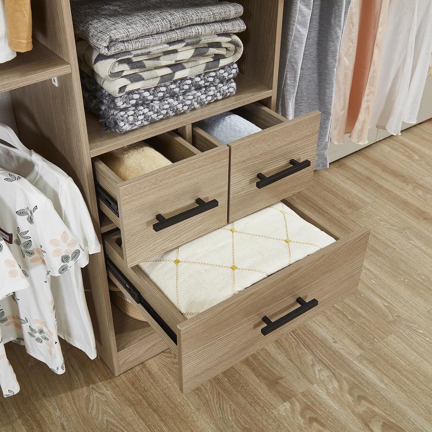 8FT Brown Built-In Closet System with 3 Drawers, 2 Doors, Shelves, Towers & Hanging Rods – Wood Organizer for Bedroom Storage - PRHOMZ