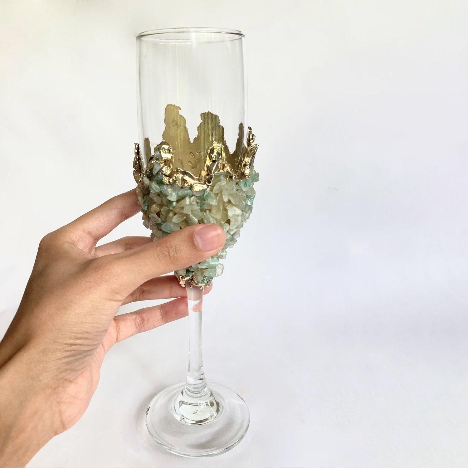 Set of 2 |Crystal Wine/Champagne Glasses with Gold Plated Light Green Agate/Quartz Semi-precious Crystals | 7 oz/215 ml - PRHOMZ