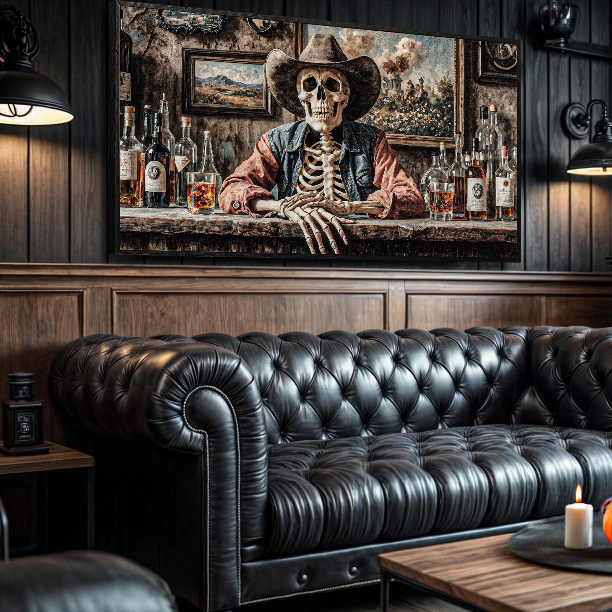 Skeleton Cowboy Barman At Western Saloon Wall Art