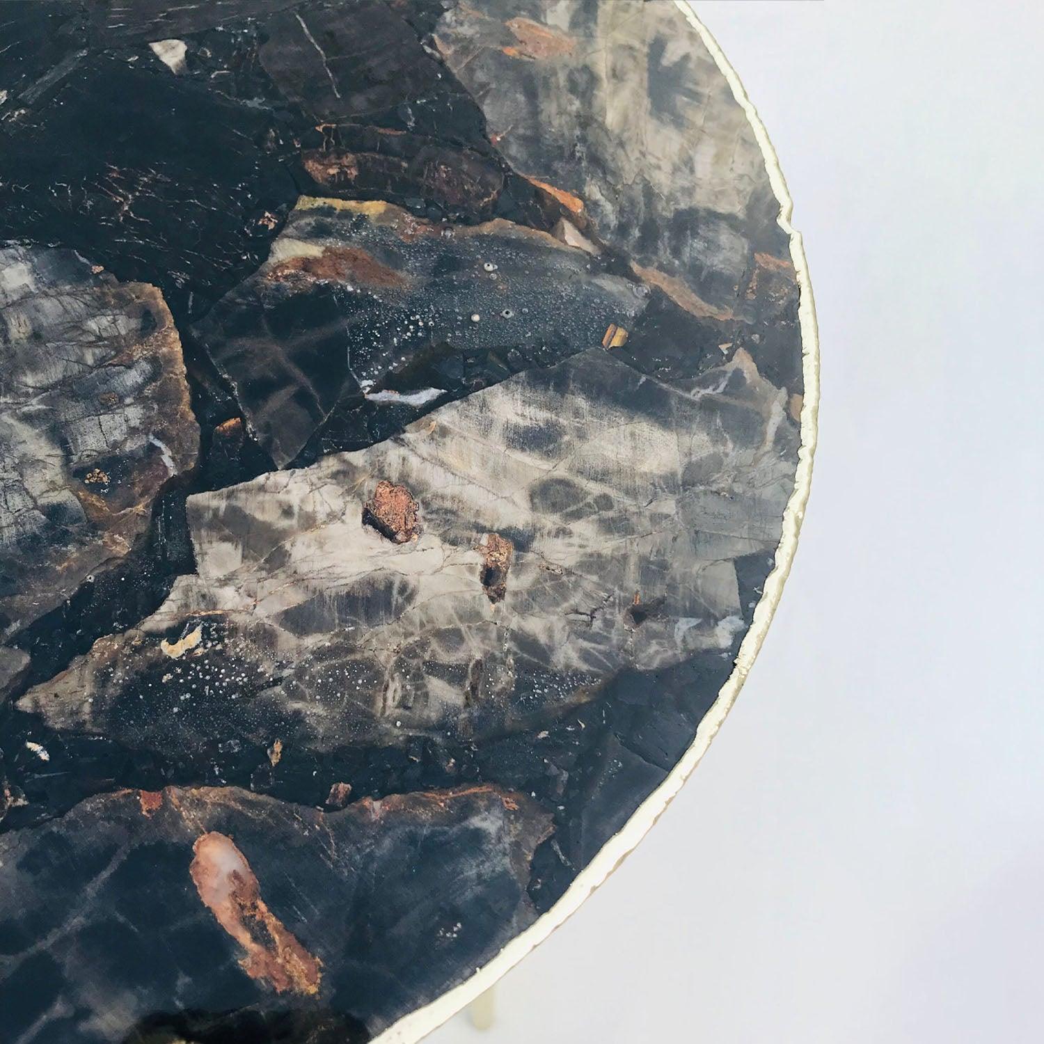 Black Petrified Wood Agate Round Edge Side/Coffee Table - PRHOMZ