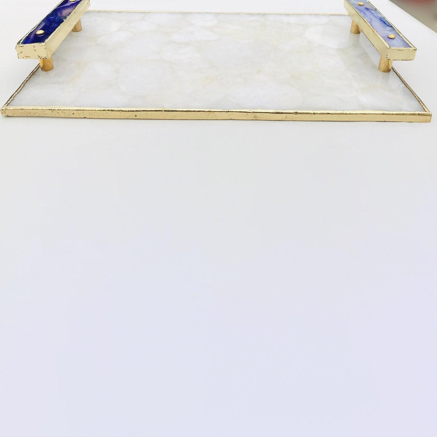 White Crystal Agate Plated Serving Tray With Purple Agate/Onyx Handles/Personalised Momentos/Sign Boards - PRHOMZ
