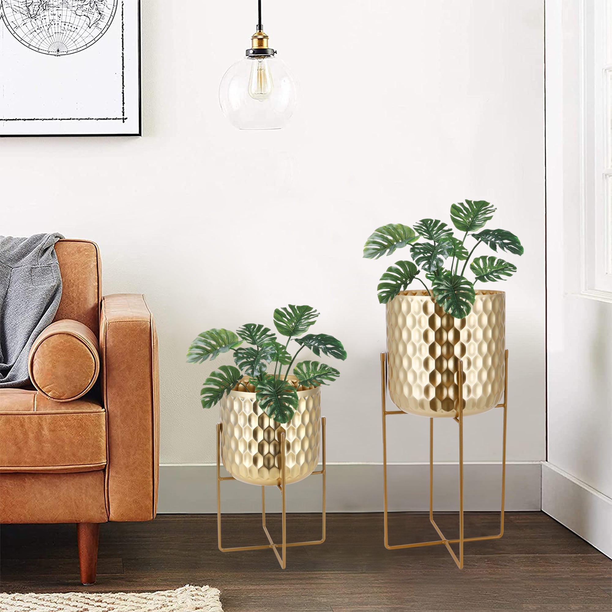 12"&18"H Golden Honeycomb Embossed Flowerpots(Set of 2)-2