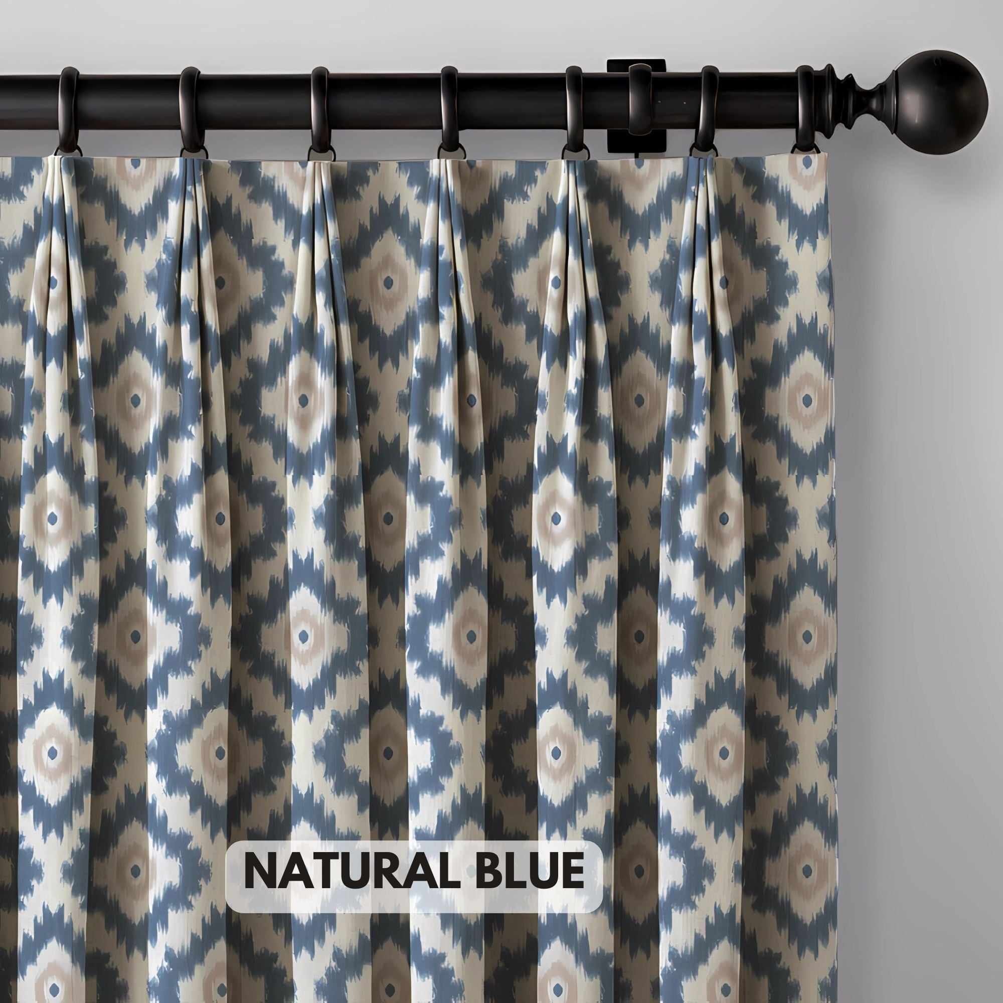 Ikat Cotton Linen Pinch Pleat Curtains - Pink Turq, Natural Blue, Grey Ochre | Made to Measure & Standard Sizes | Blackout & Light Filtering Options-2